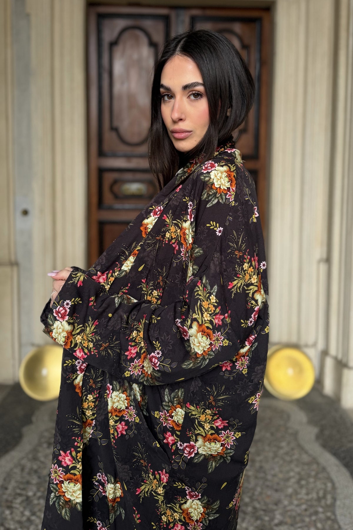FLOW - kimono samira viscosa fantasia - BLACK FLOWER PINK