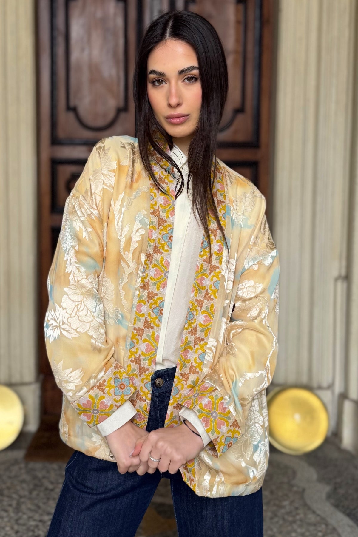 WU-SIDE - giacca kimono devore - SABBIA MANGO