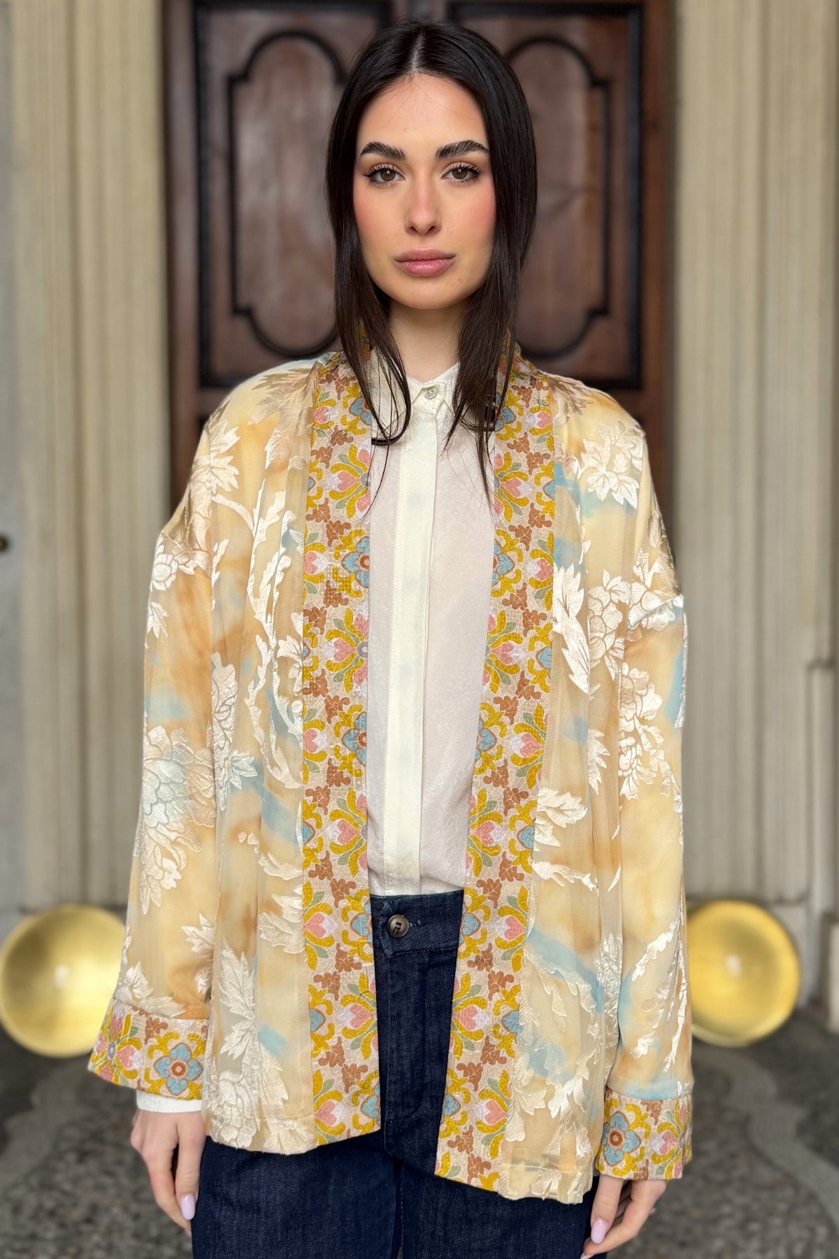 WU-SIDE - giacca kimono devore - SABBIA MANGO