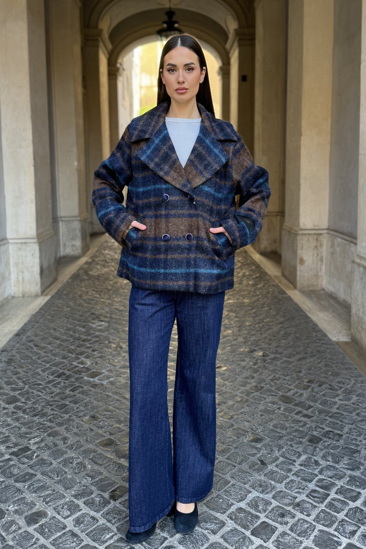 WU-SIDE - cappotto check - MARRONE BLUE
