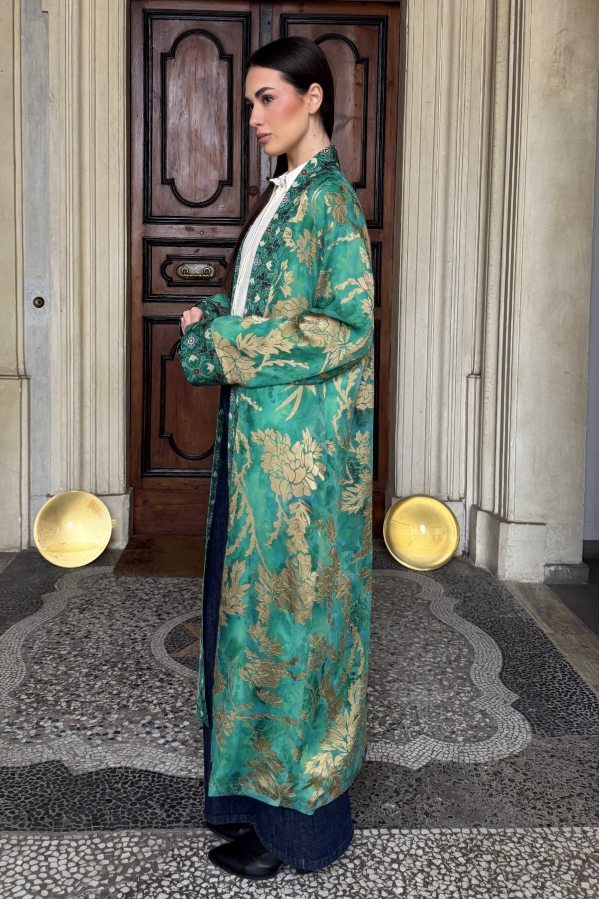 WU-SIDE - kimono devore lungo - SMERALDO