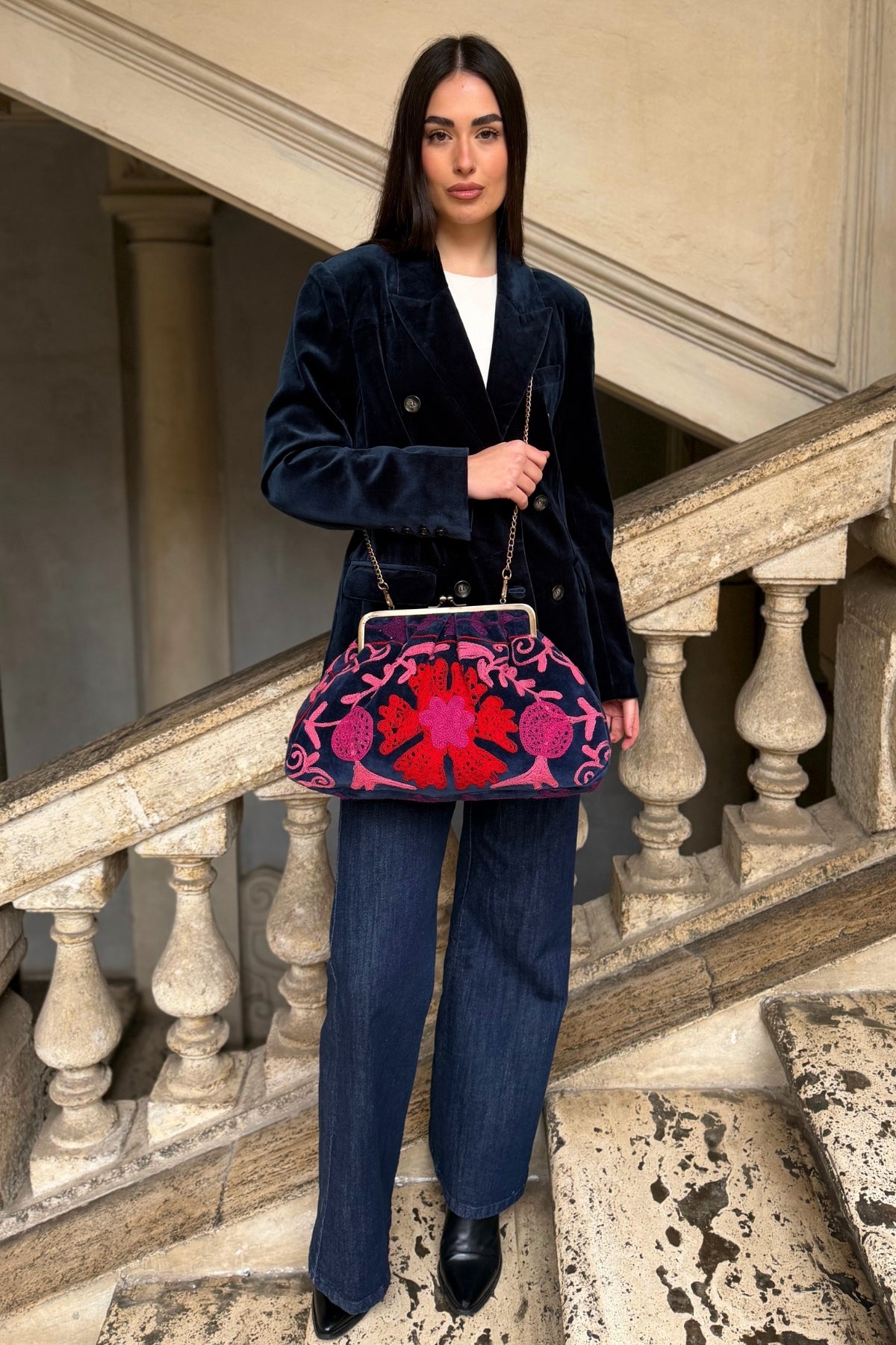 ARTEFILIA-MILANO - borsa ricamata katia clutch grande - ADIRA BLUE