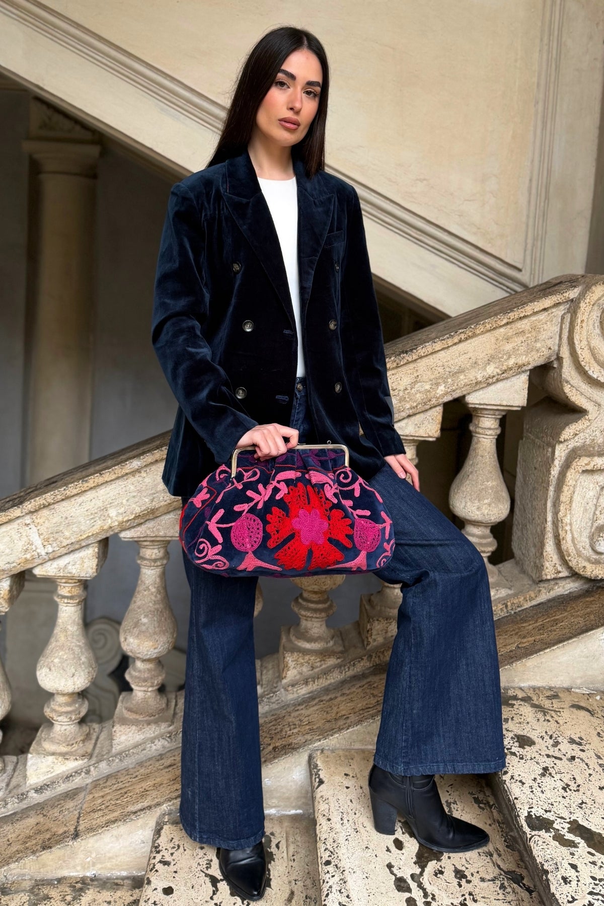 ARTEFILIA-MILANO - borsa ricamata katia clutch grande - ADIRA BLUE