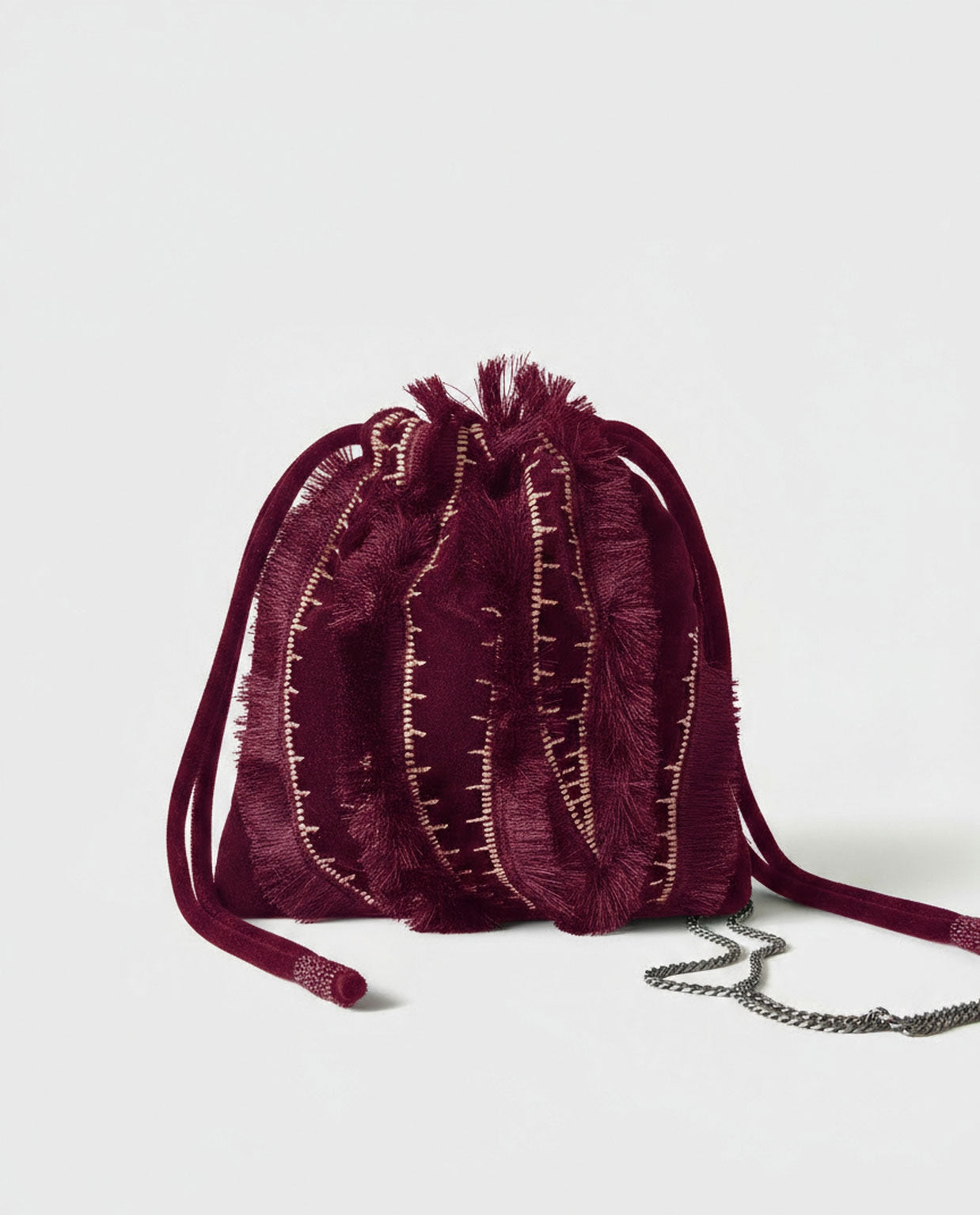 Surkana borsa sacca in velluto ricamata bordeaux