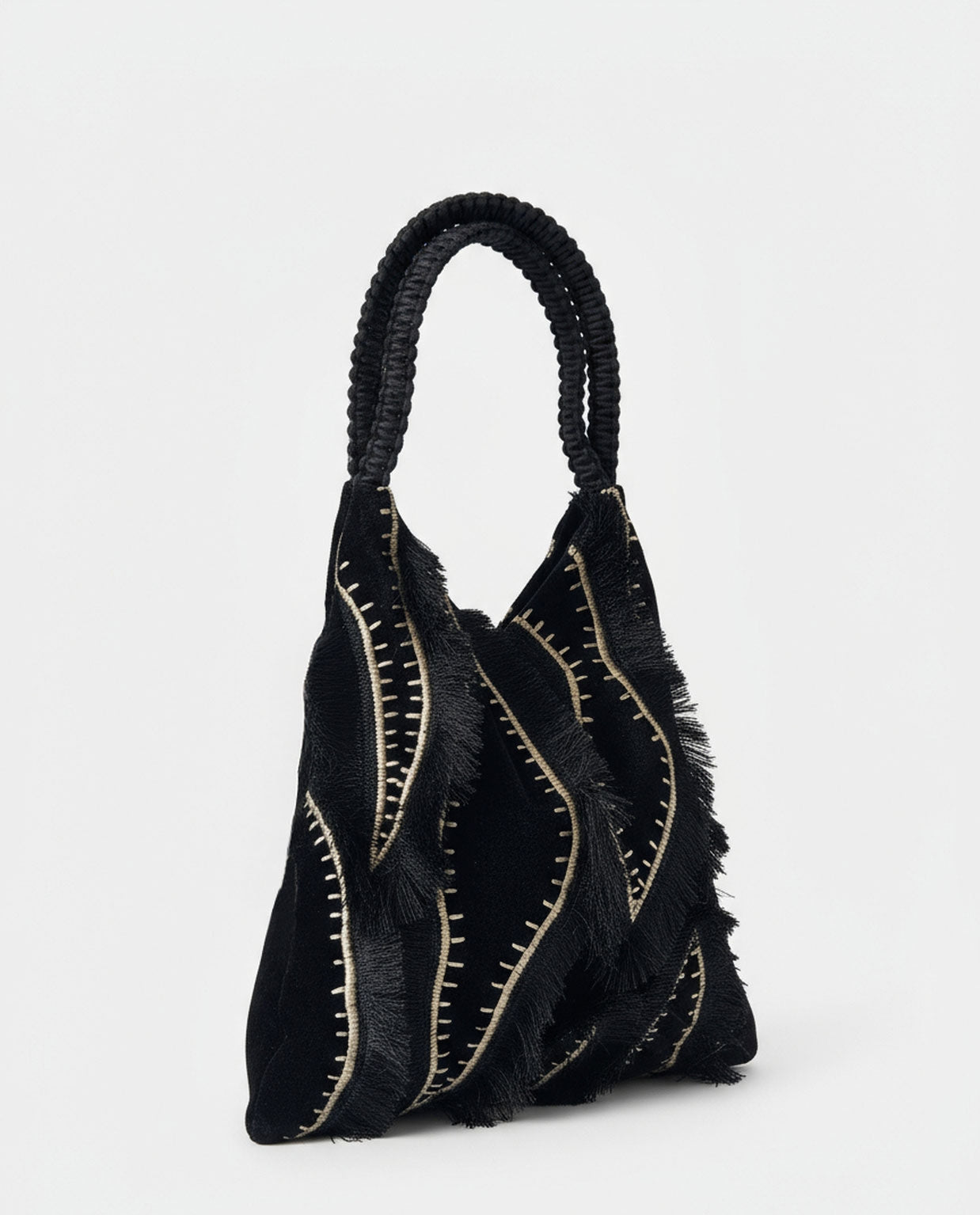 Surkana borsa trapezio in velluto ricamata nero