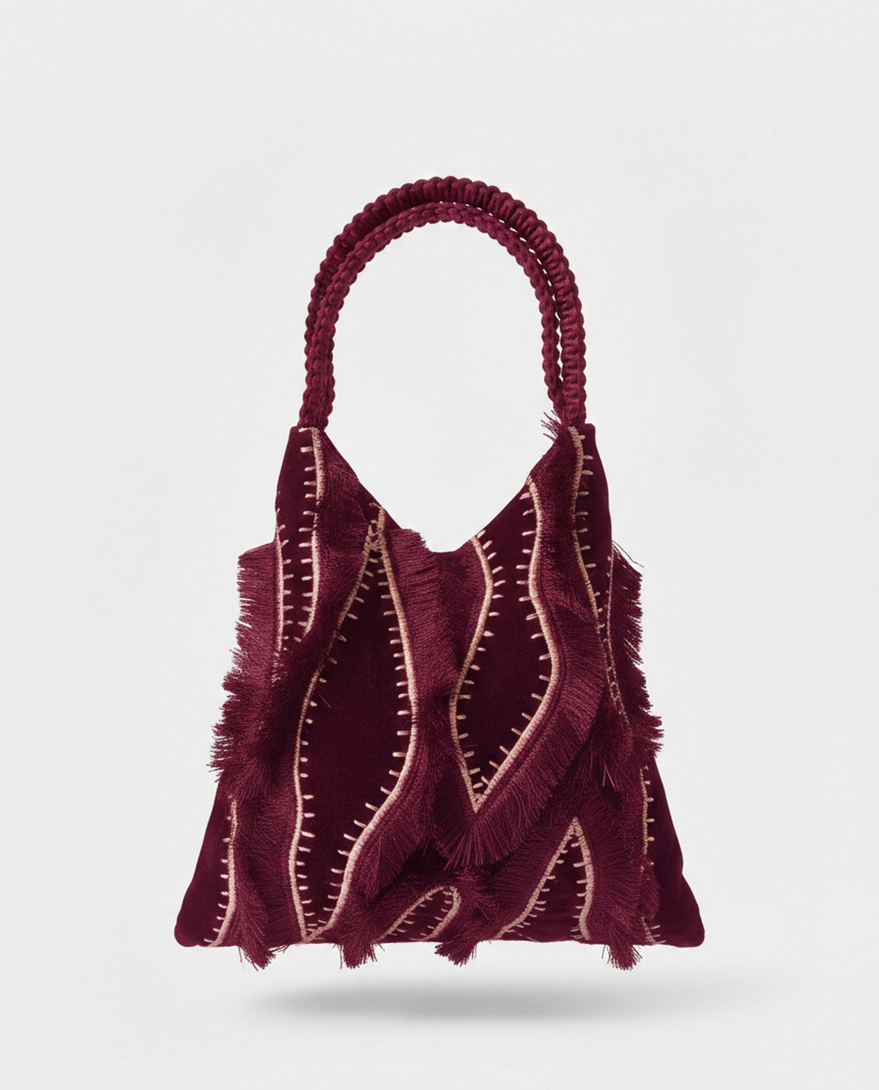 Surkana borsa trapezio in velluto ricamata bordeaux