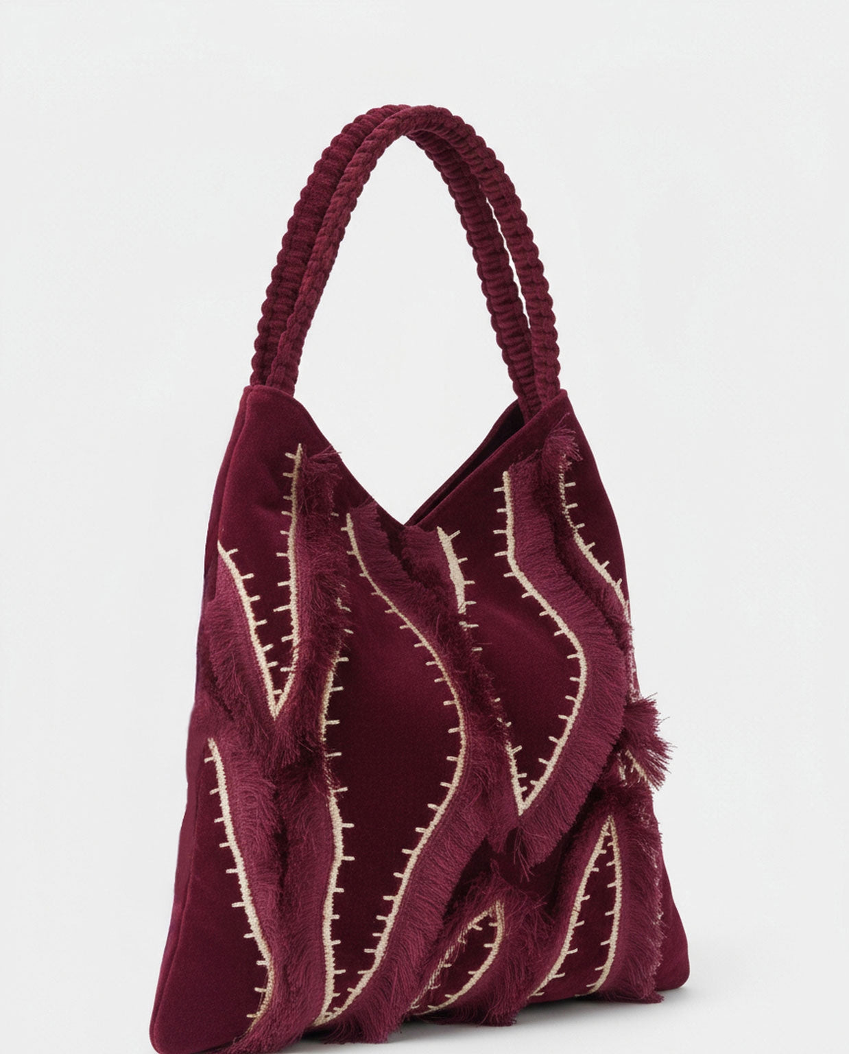 Surkana borsa trapezio in velluto ricamata bordeaux
