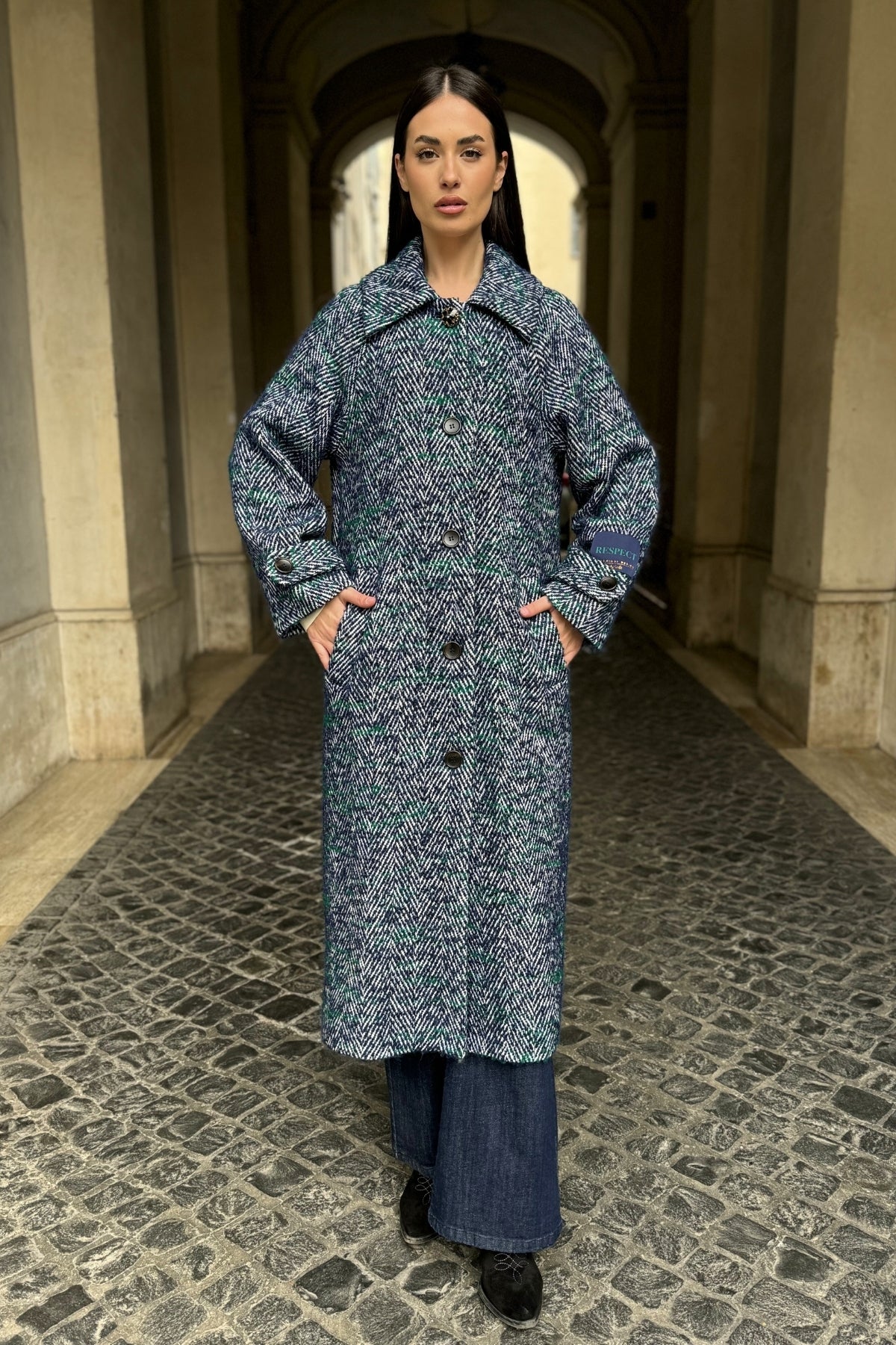 WU-SIDE cappotto spigato BLUE VERDE