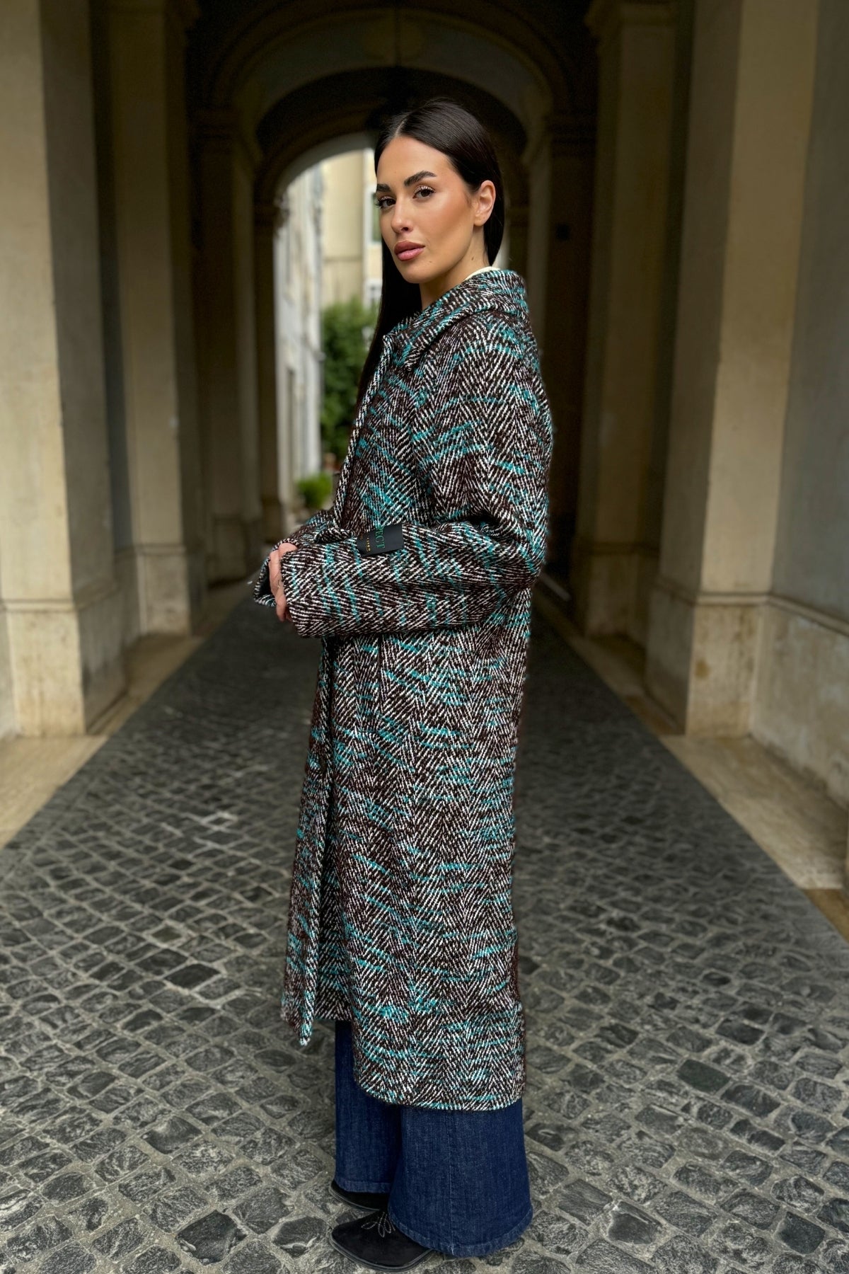WU-SIDE - cappotto spigato - MARRONE TIFFANY