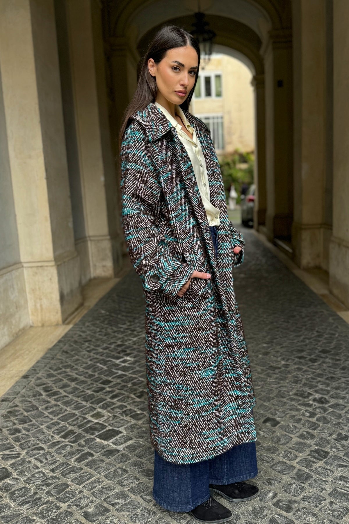 WU-SIDE - cappotto spigato - MARRONE TIFFANY