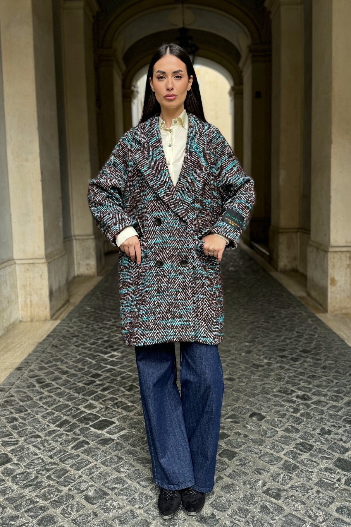 WU-SIDE - cappotto doppio petto spigato - MARRONE TIFFANY
