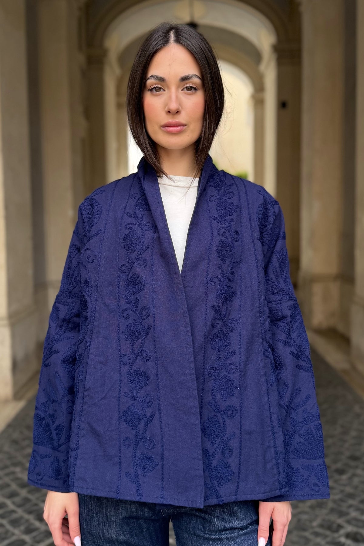 ARTEFILIA-MILANO - giacca uma cotone ricamato - MARINA BLUE