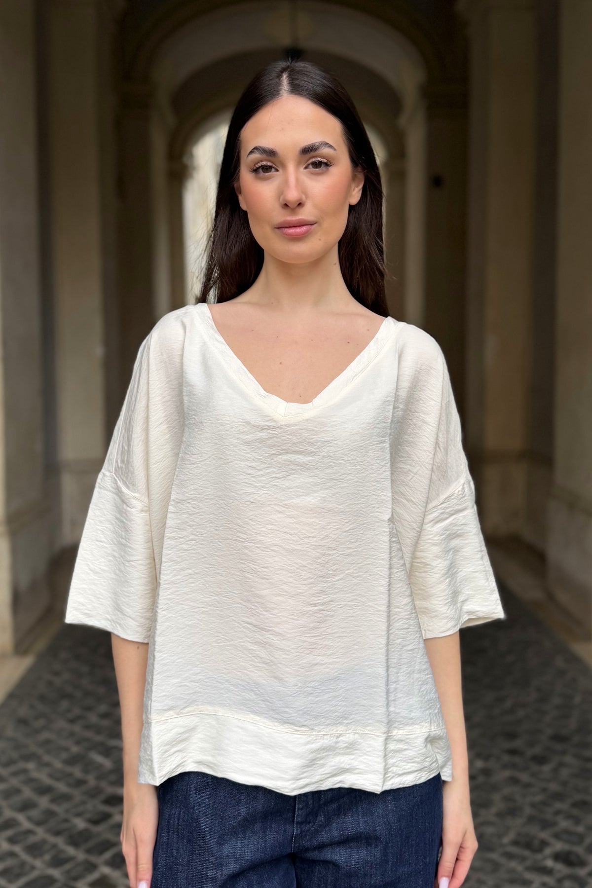 ARTEFILIA-MILANO - blusa marea scollo v - BURRO