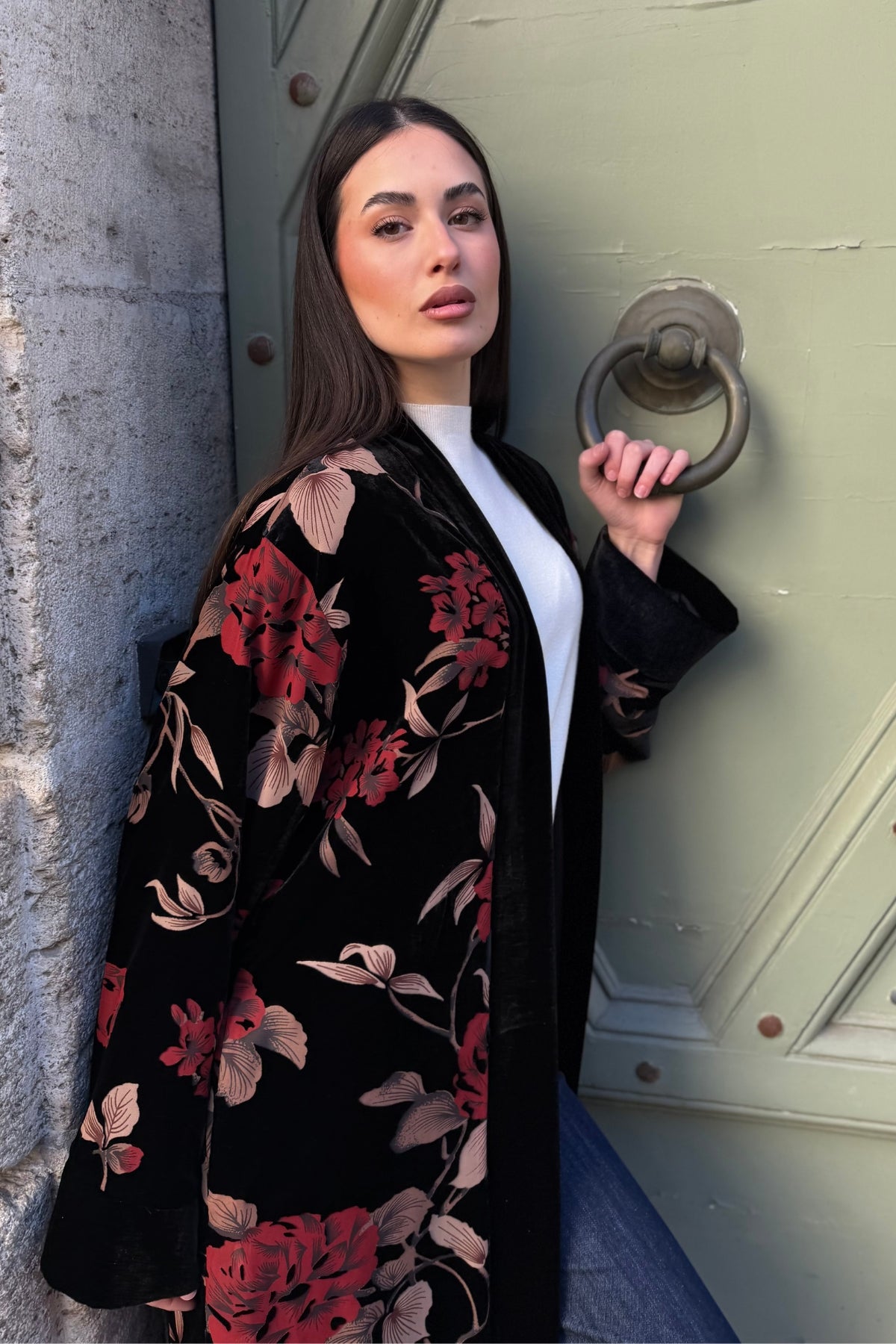 WU-SIDE - kimono extralungo velluto devore - BLACK RED