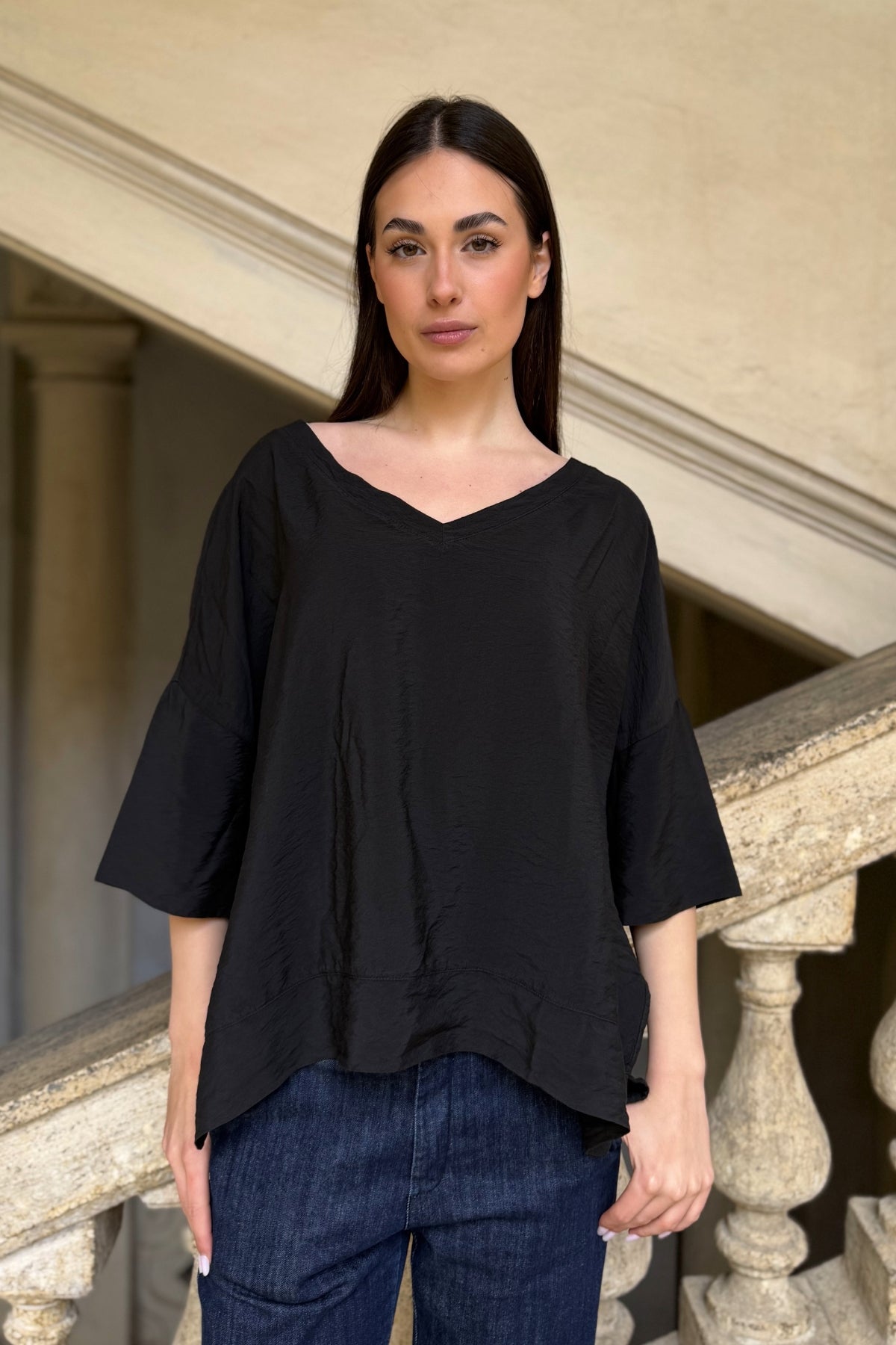 ARTEFILIA-MILANO - blusa marea scollo v - NERO