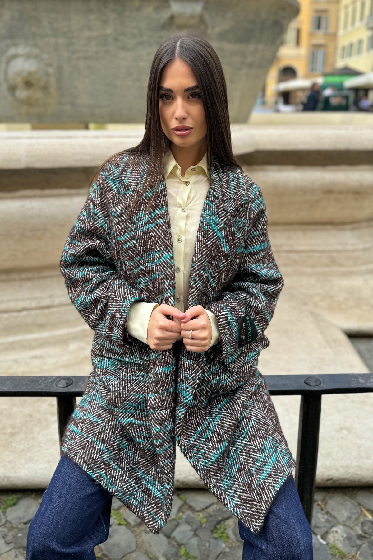 WU-SIDE - cappotto doppio petto spigato - MARRONE TIFFANY