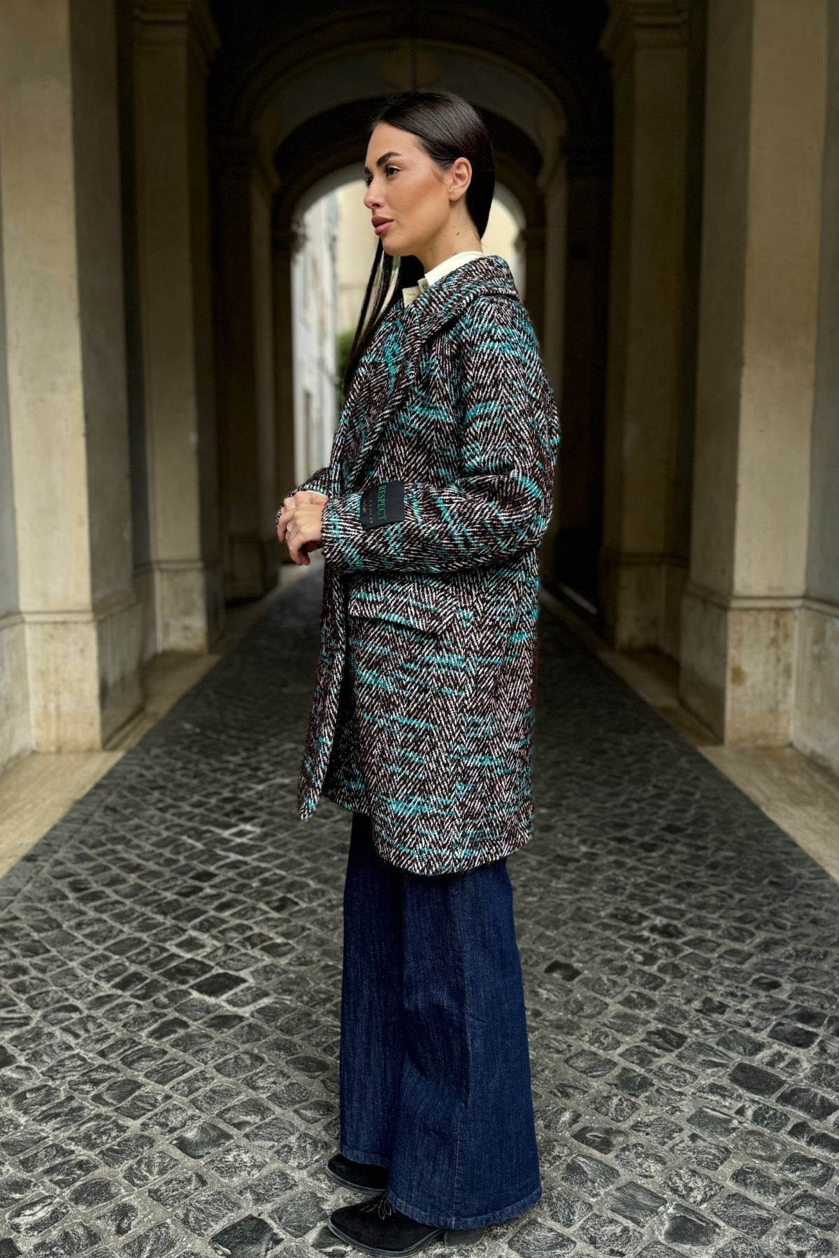 WU-SIDE - cappotto doppio petto spigato - MARRONE TIFFANY
