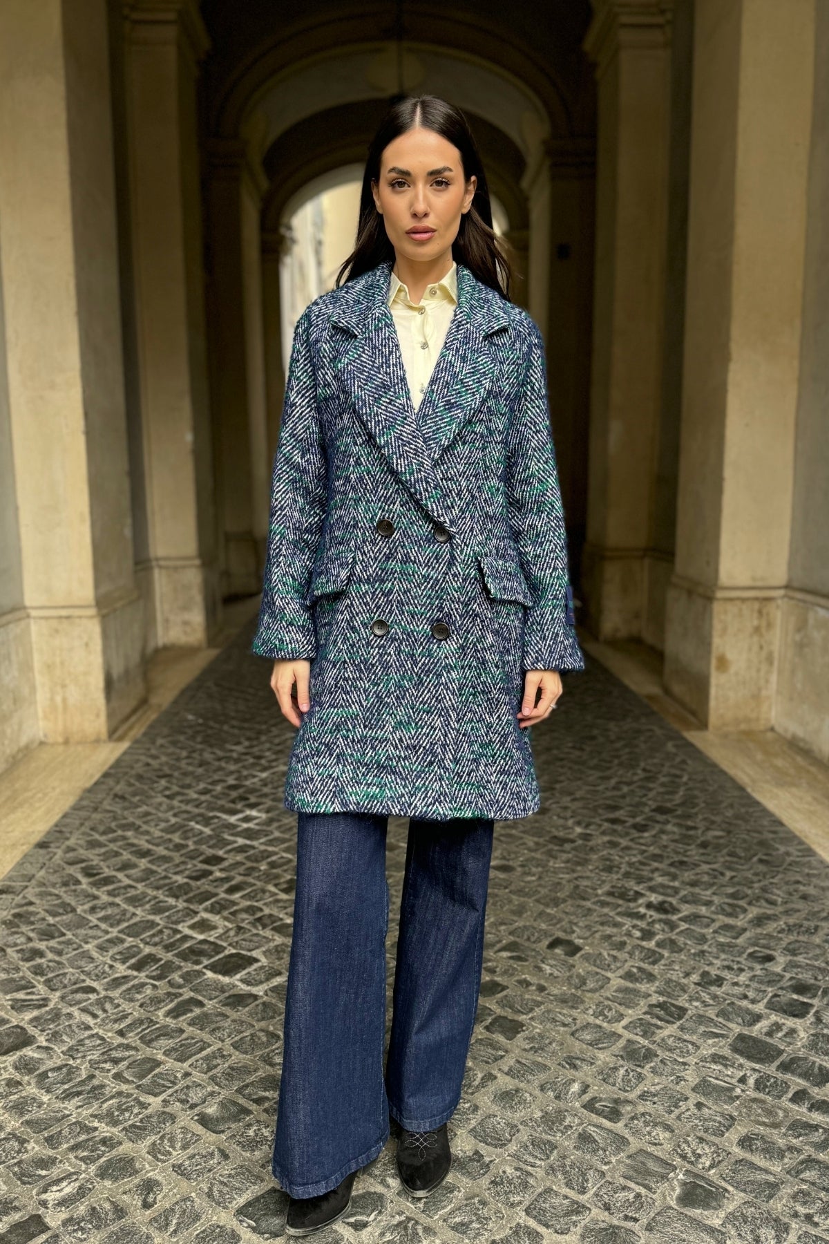 WU-SIDE - cappotto doppio petto spigato - BLUE VERDE