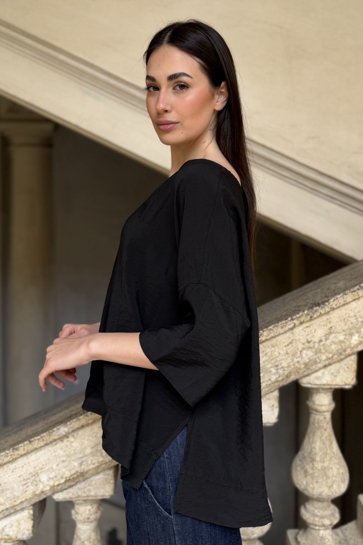 ARTEFILIA-MILANO - blusa marea scollo v - NERO