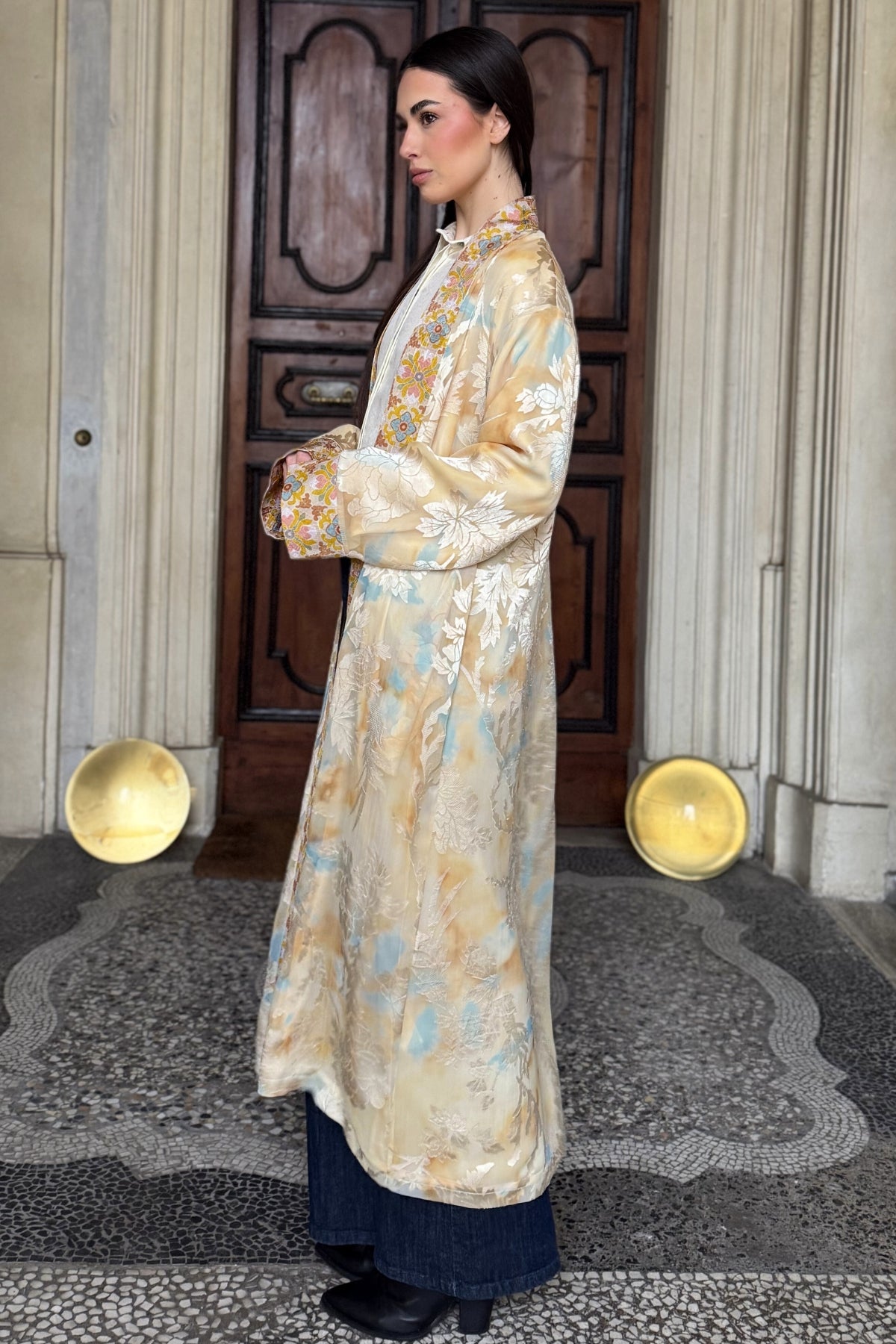 WU-SIDE - kimono devore lungo - SABBIA MANGO