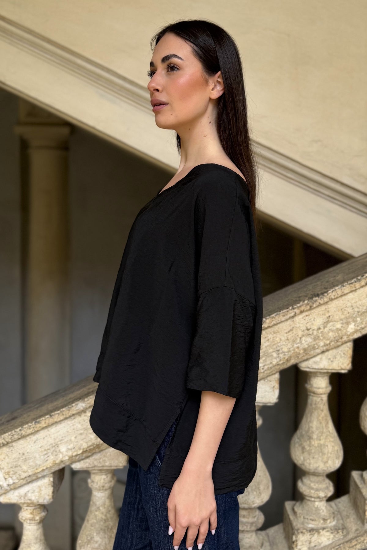 ARTEFILIA-MILANO - blusa marea scollo v - NERO