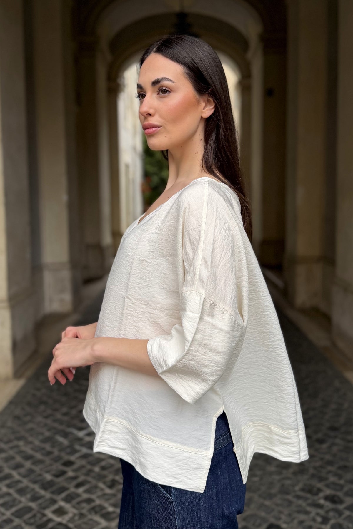 ARTEFILIA-MILANO - blusa marea scollo v - BURRO