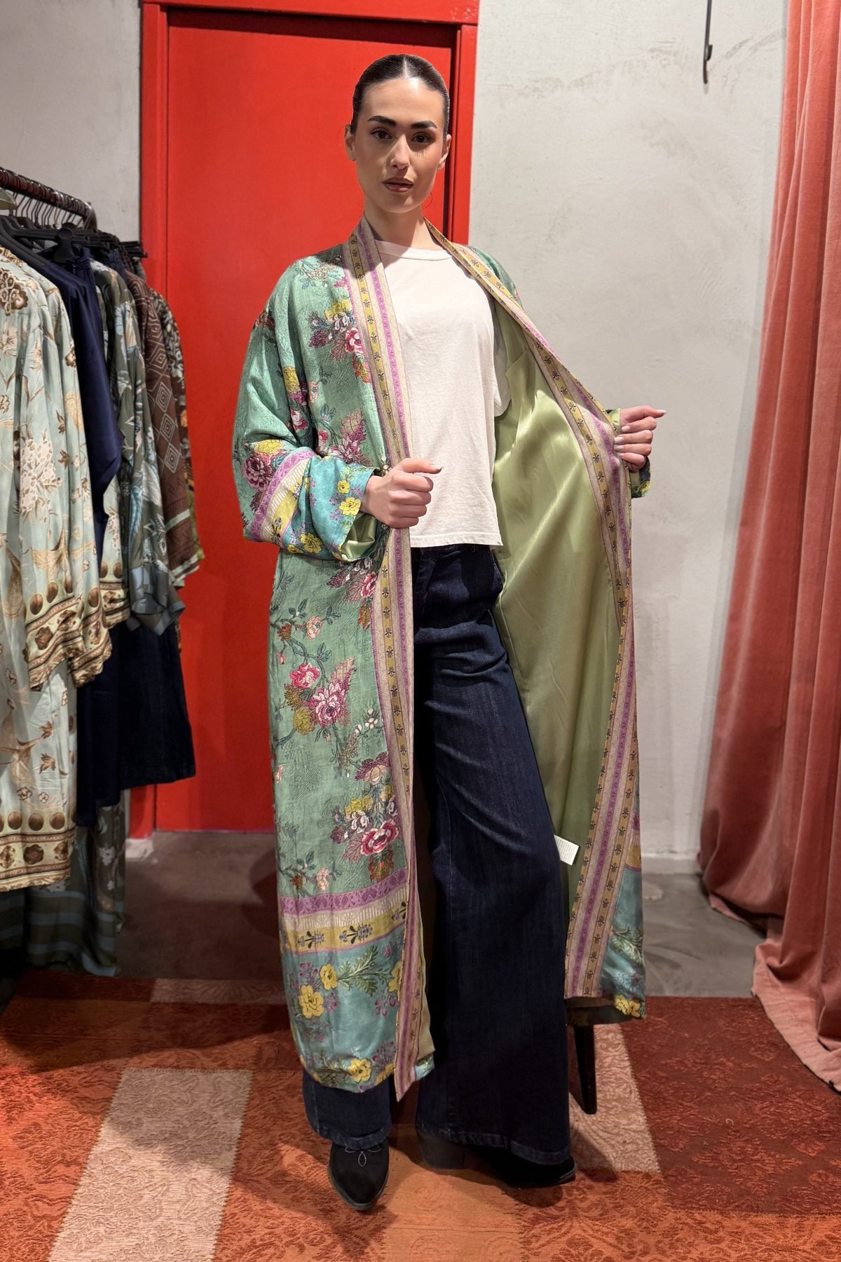 WU-SIDE - kimono lungo viscosa - VERDE ACQUA