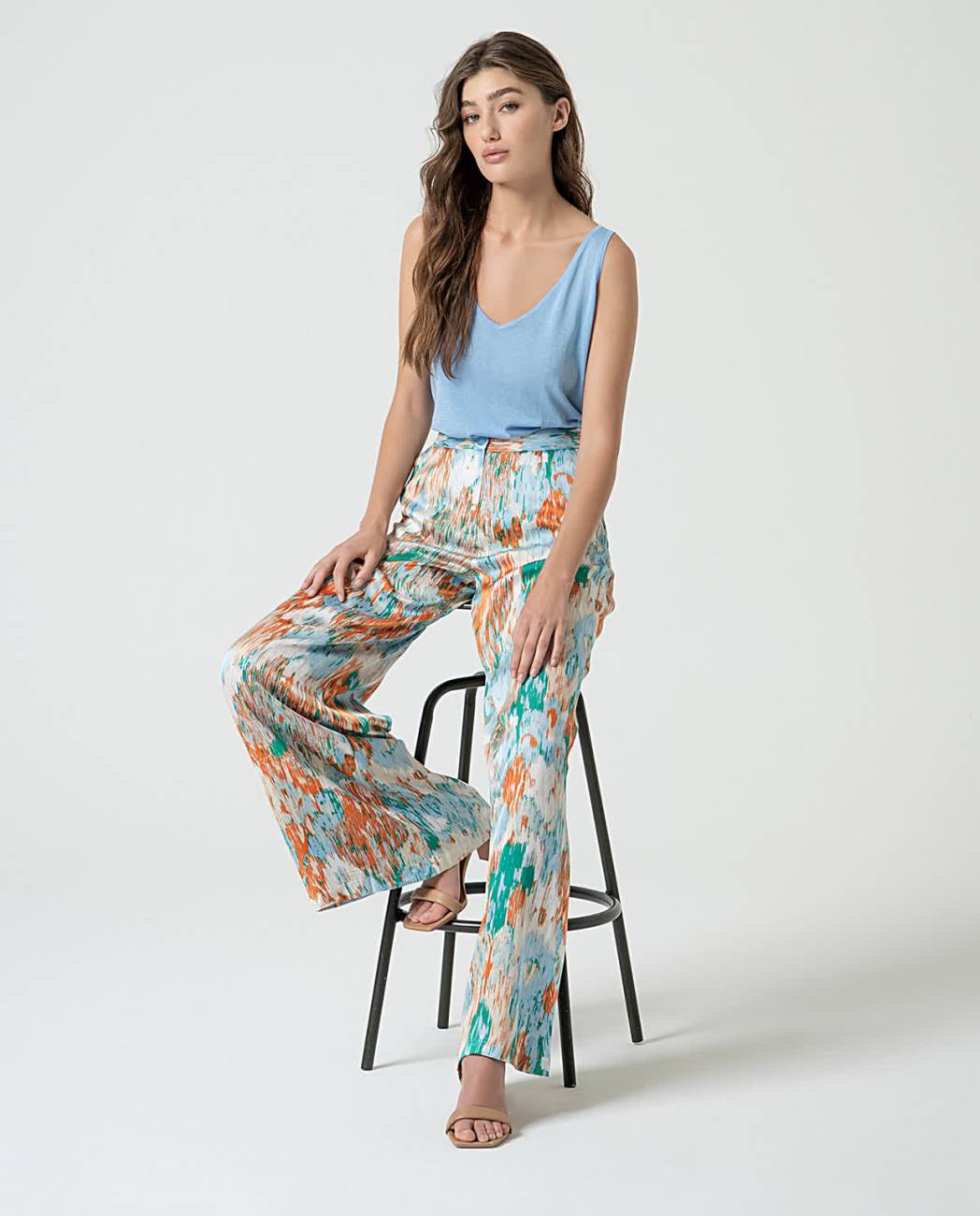 SURKANA - pantaloni palazzo satinati stampati - AZZURRO