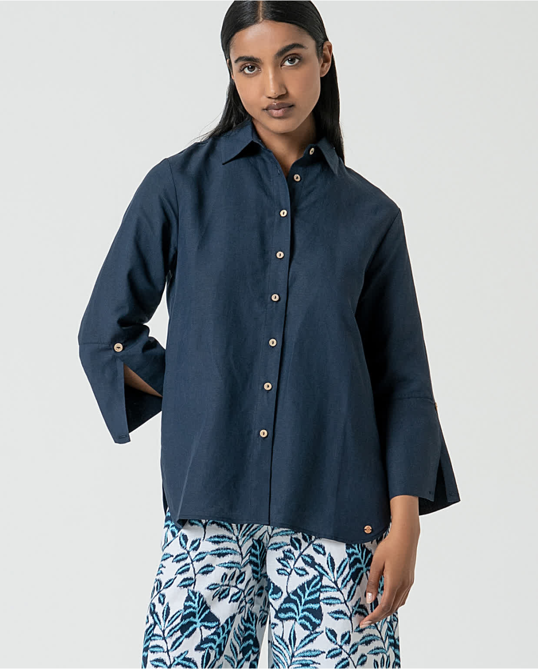 SURKANA - camicia manica 3/4 lino - MARINO