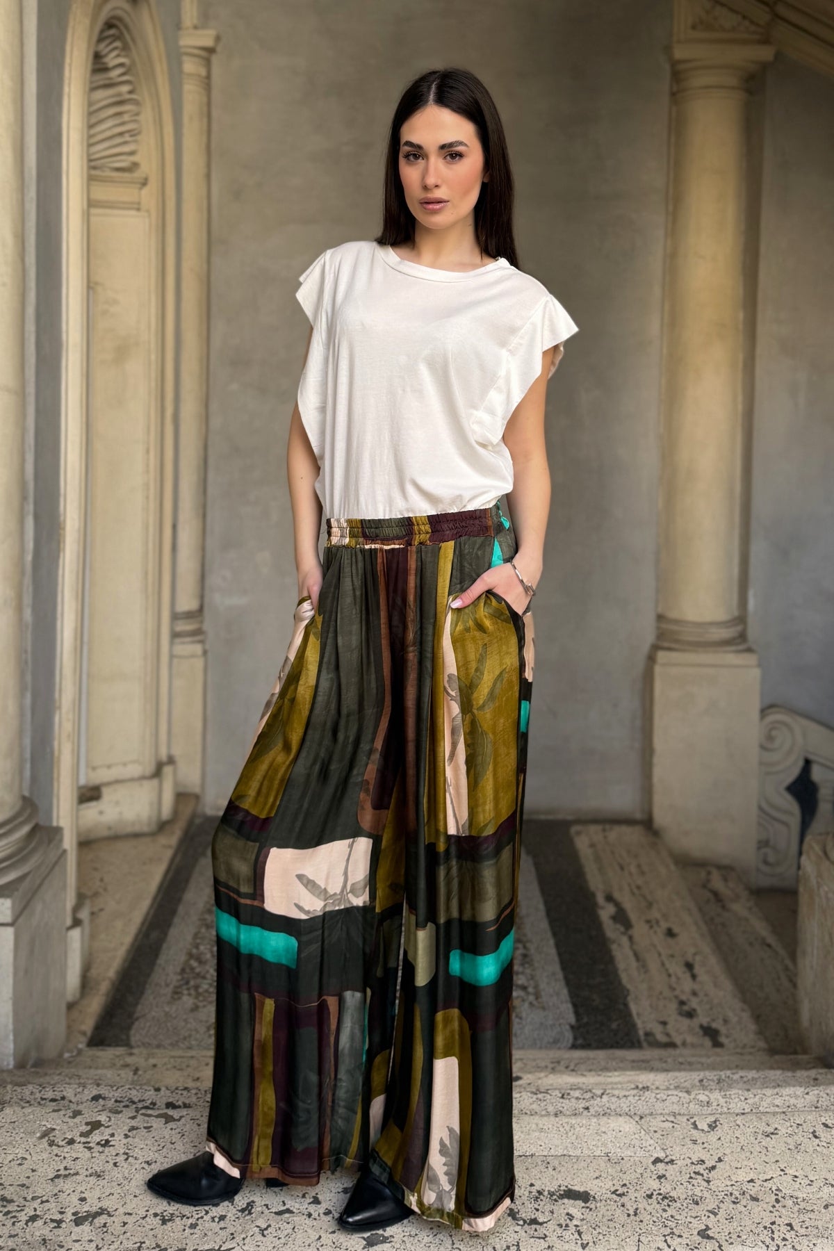 FLOW - pantalone mosaico viscosa - MILITARE