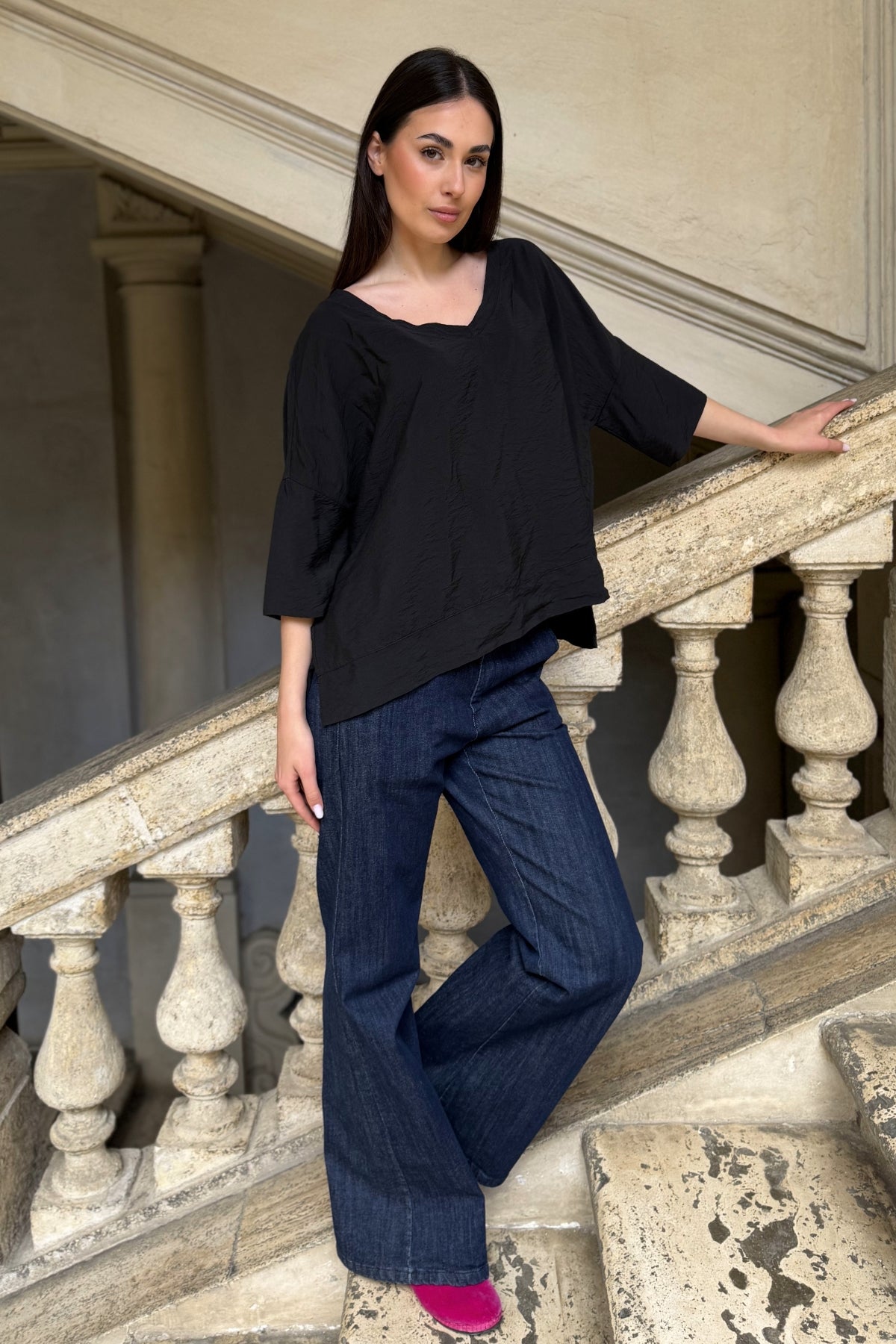 ARTEFILIA-MILANO - blusa marea scollo v - NERO