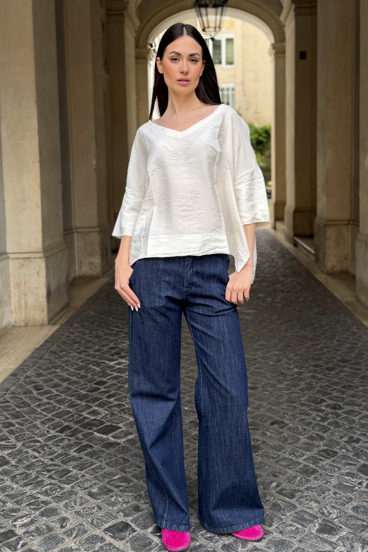 ARTEFILIA-MILANO - blusa marea scollo v - BURRO