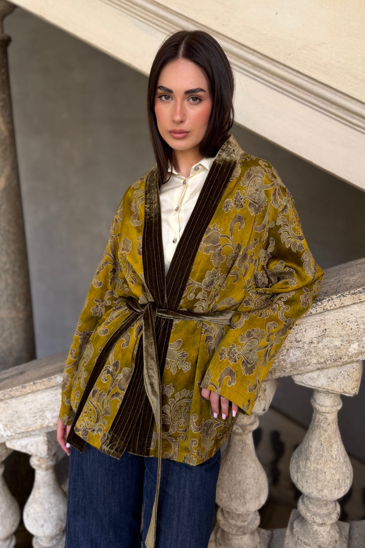 WU-SIDE - giacca kimono jaquard viscosa - SENAPE