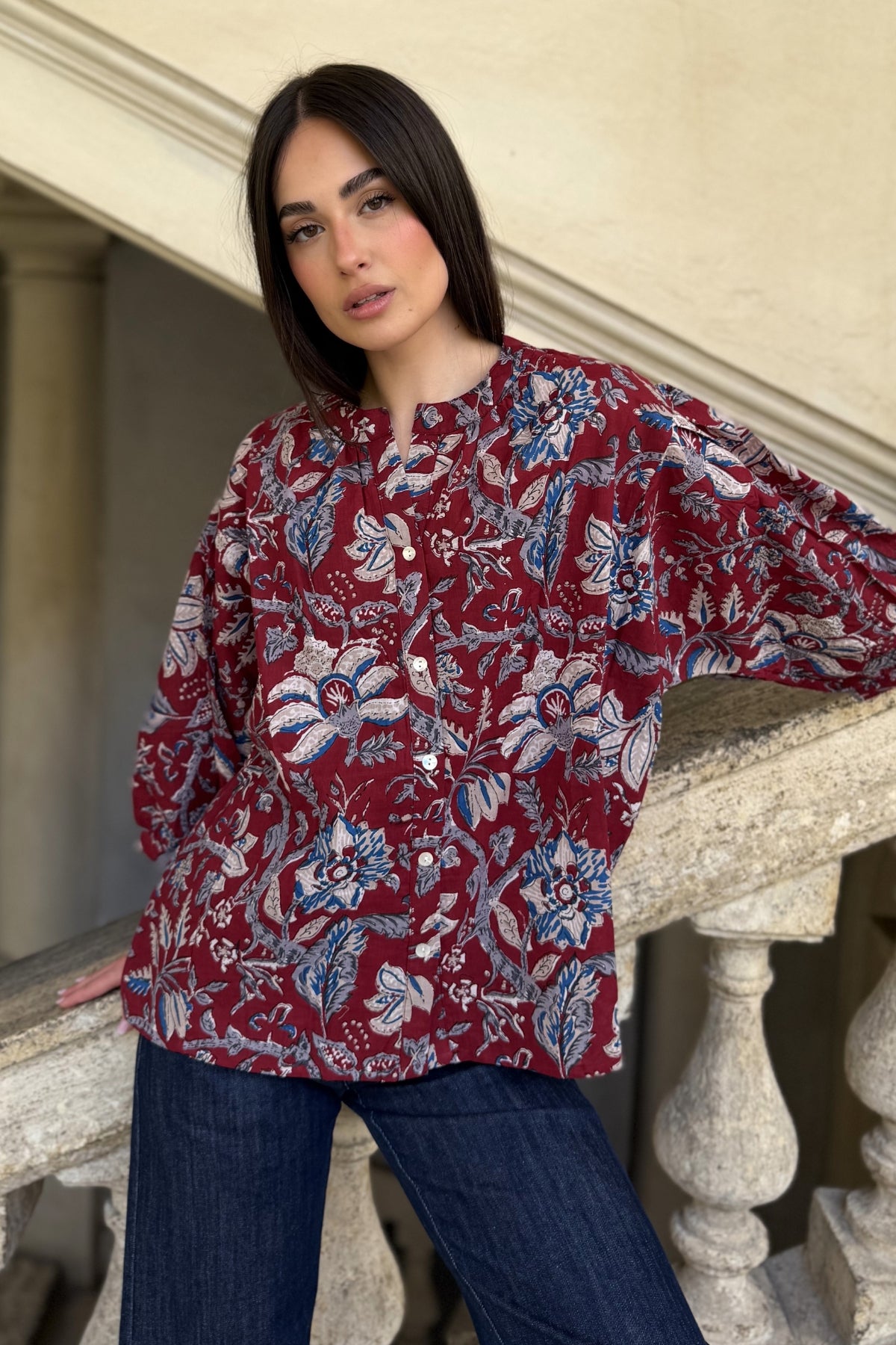 ARTEFILIA-MILANO - camicia lena in mussola di cotone - BURGUNDY ROYAL
