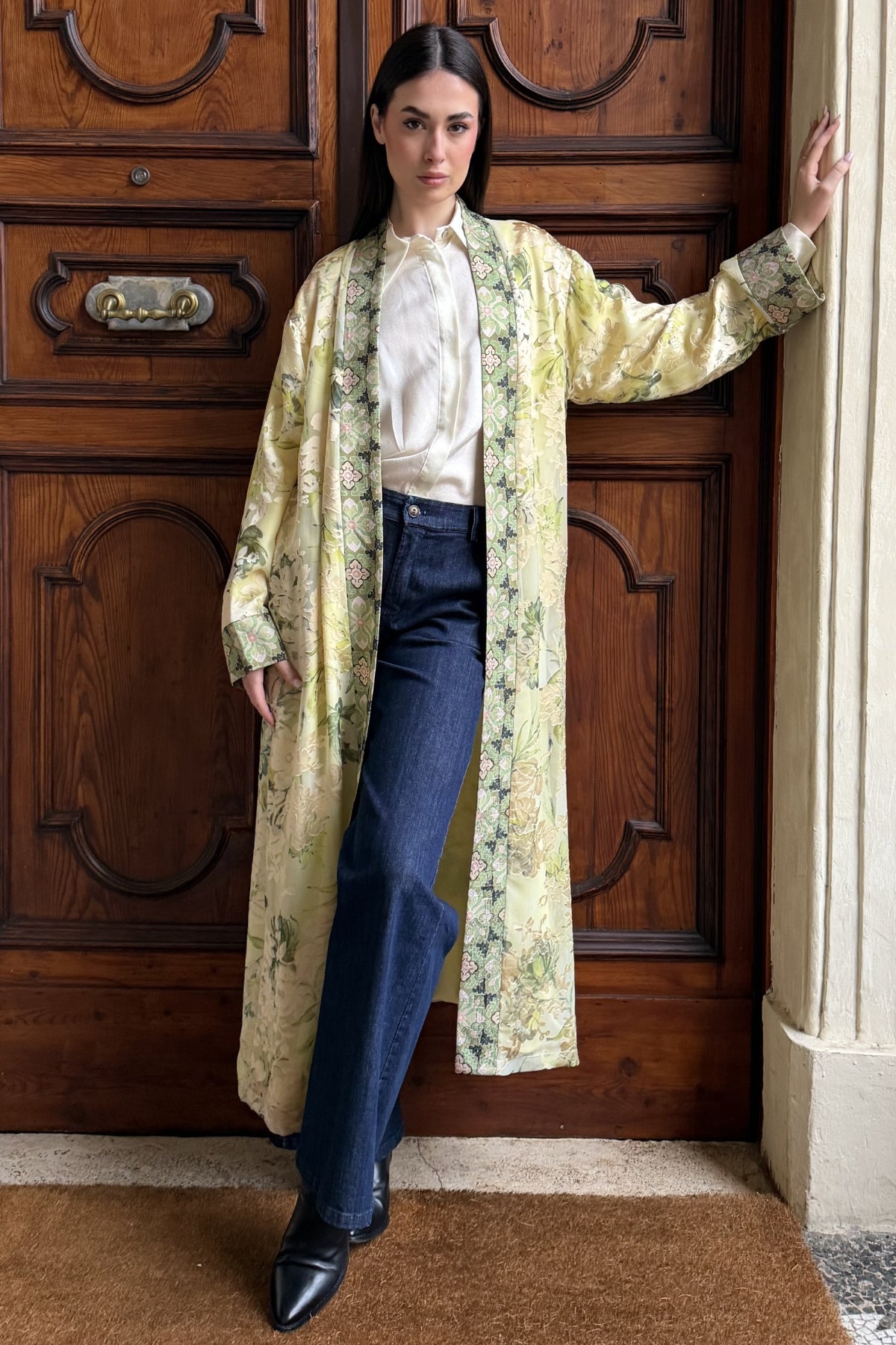 WU-SIDE - kimono devore lungo - CREMA VERDE