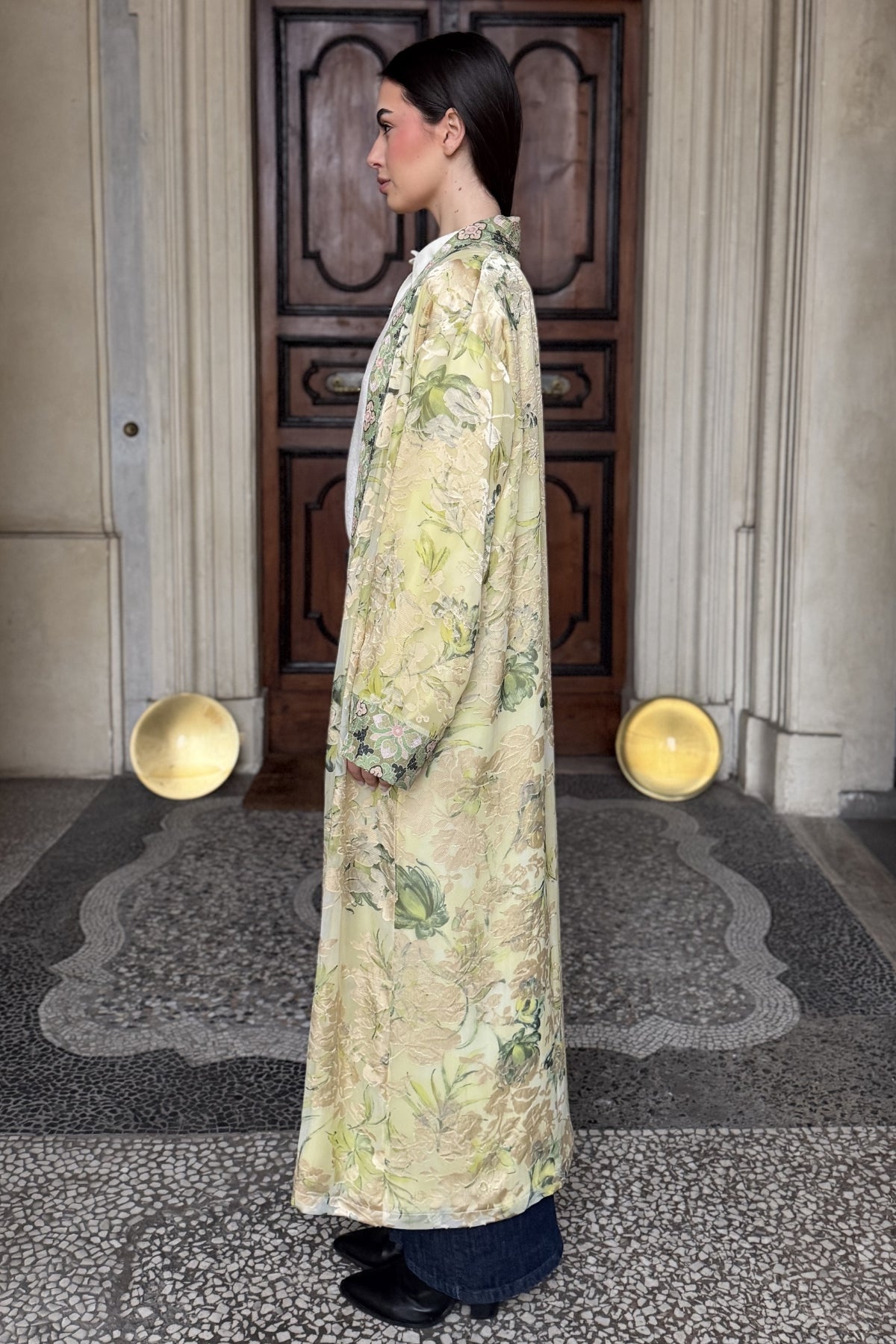 WU-SIDE - kimono devore lungo - CREMA VERDE