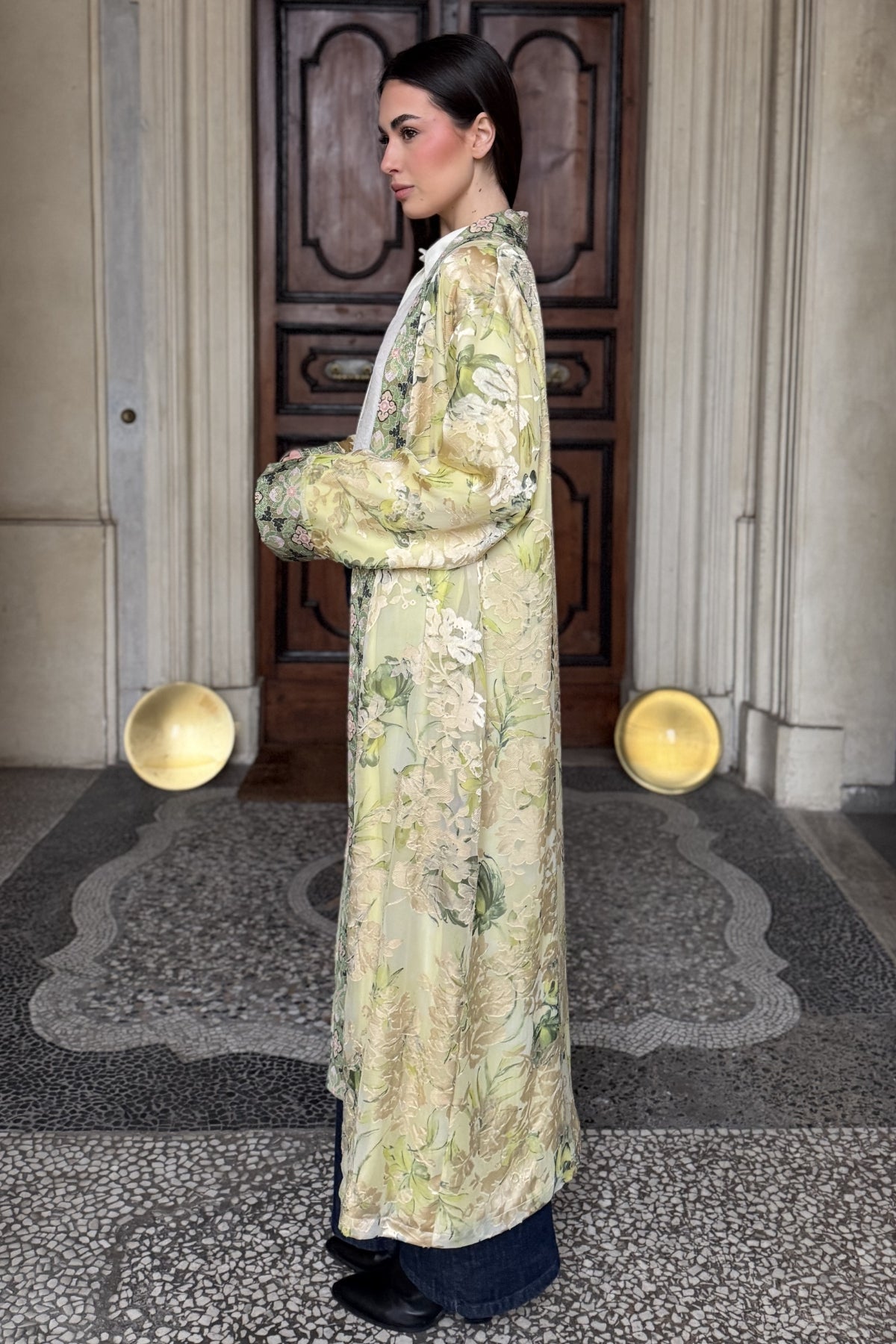 WU-SIDE - kimono devore lungo - CREMA VERDE