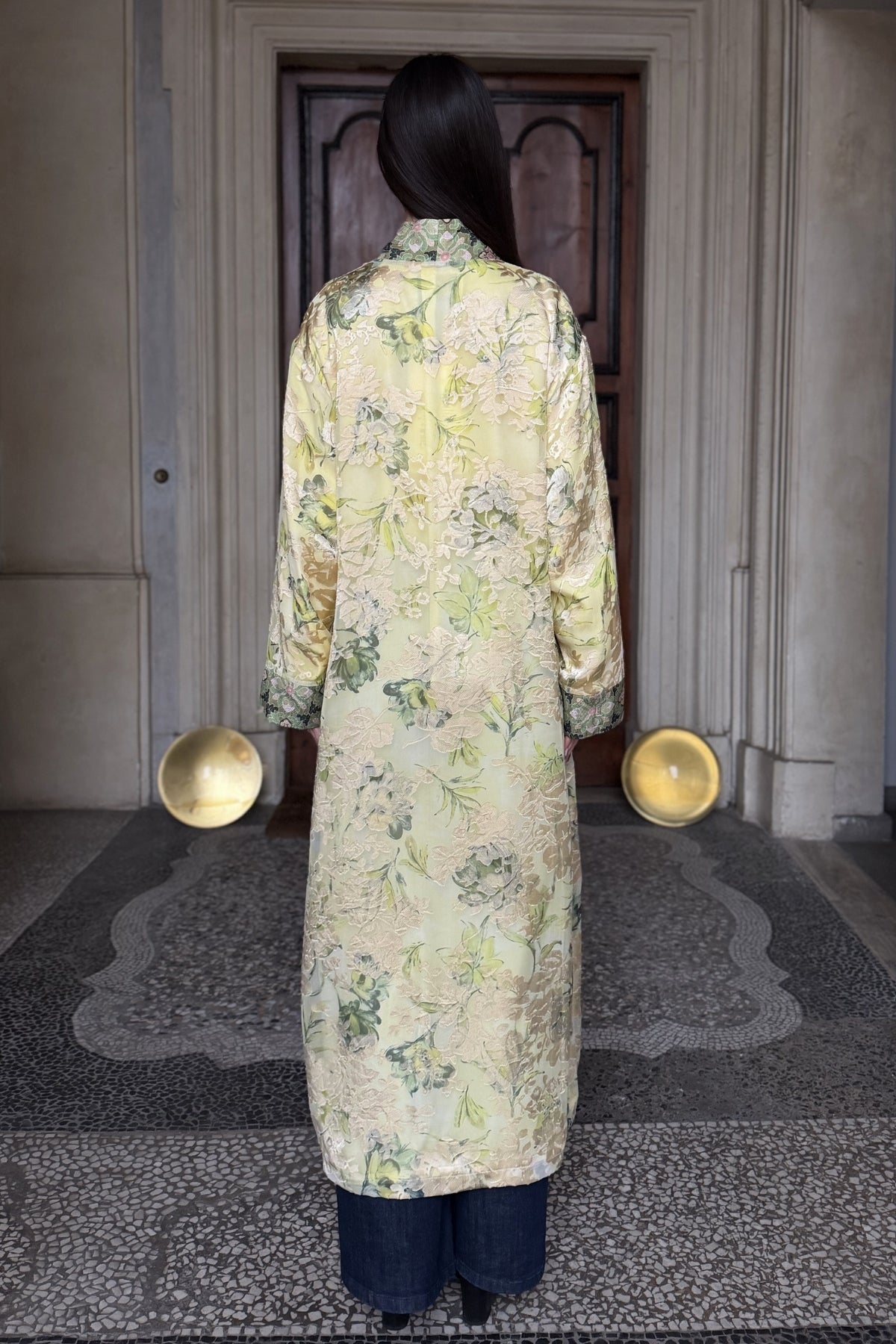 WU-SIDE - kimono devore lungo - CREMA VERDE