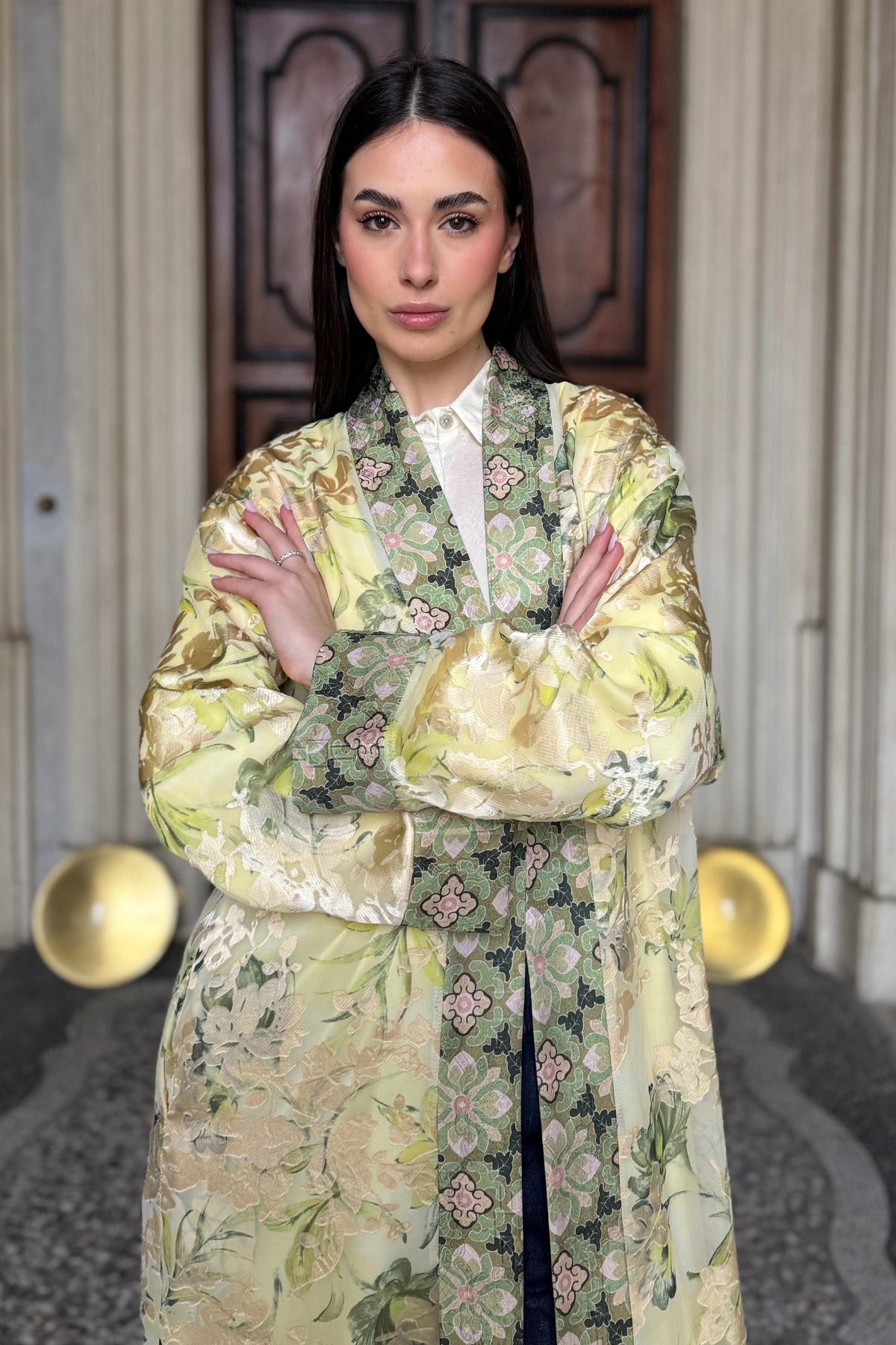 WU-SIDE - kimono devore lungo - CREMA VERDE