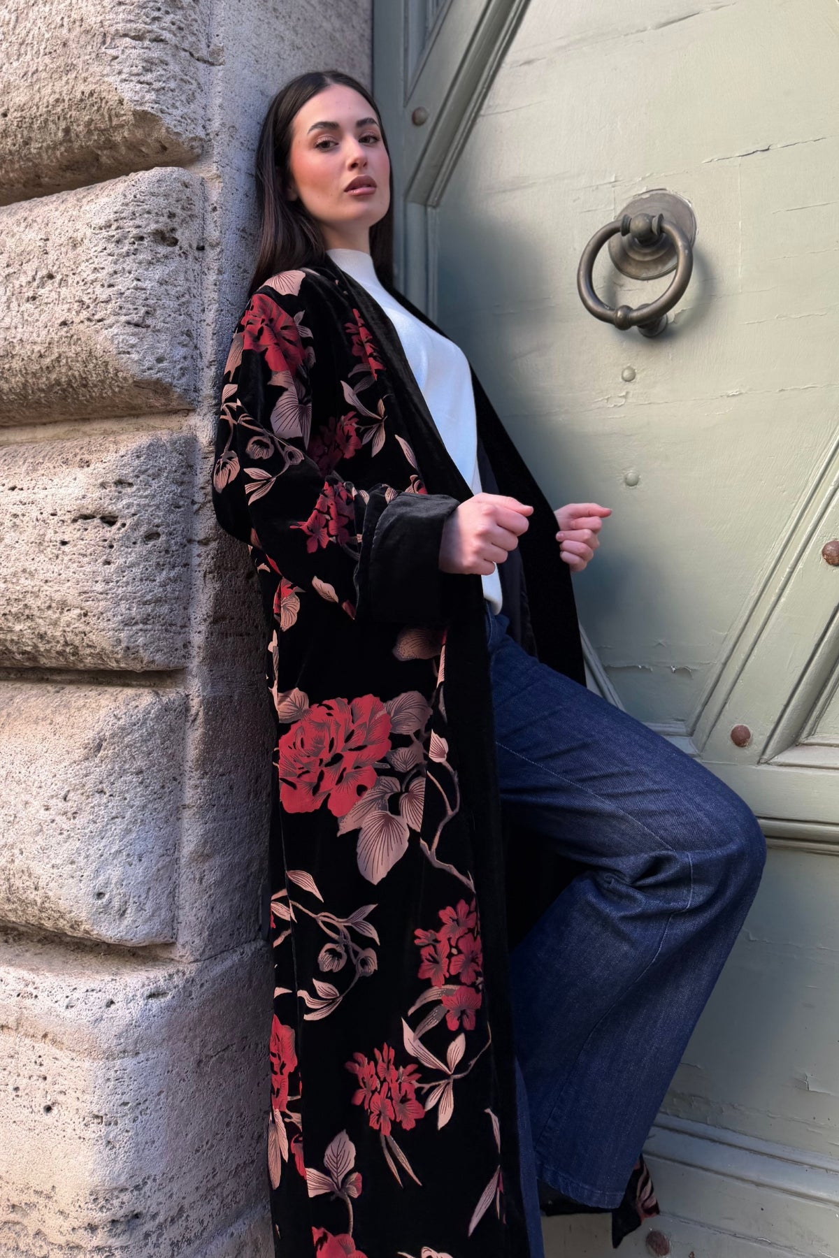 WU-SIDE - kimono extralungo velluto devore - BLACK RED