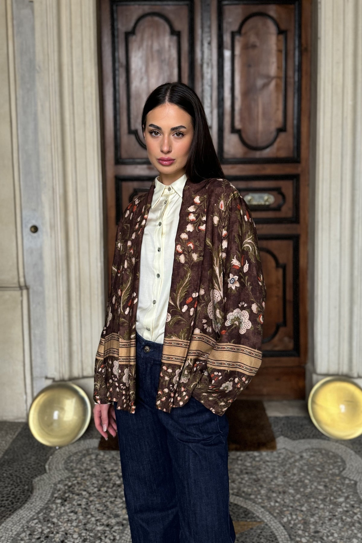 WU-SIDE - giacca kimono fantasia - MARRONE
