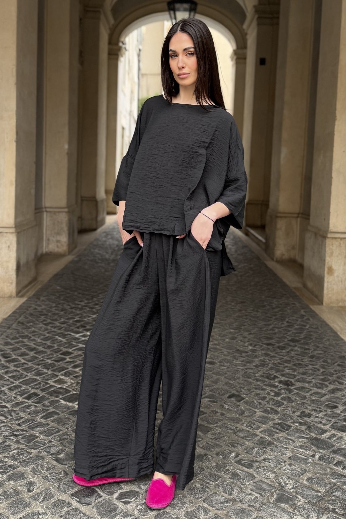 ARTEFILIA-MILANO - pantalone marea viscosa - NERO