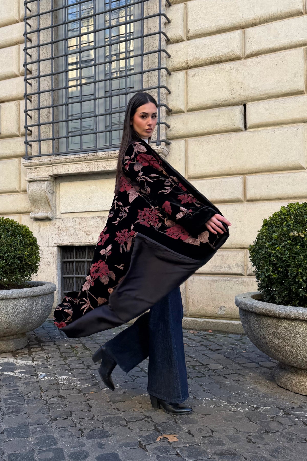 WU-SIDE - kimono extralungo velluto devore - BLACK RED