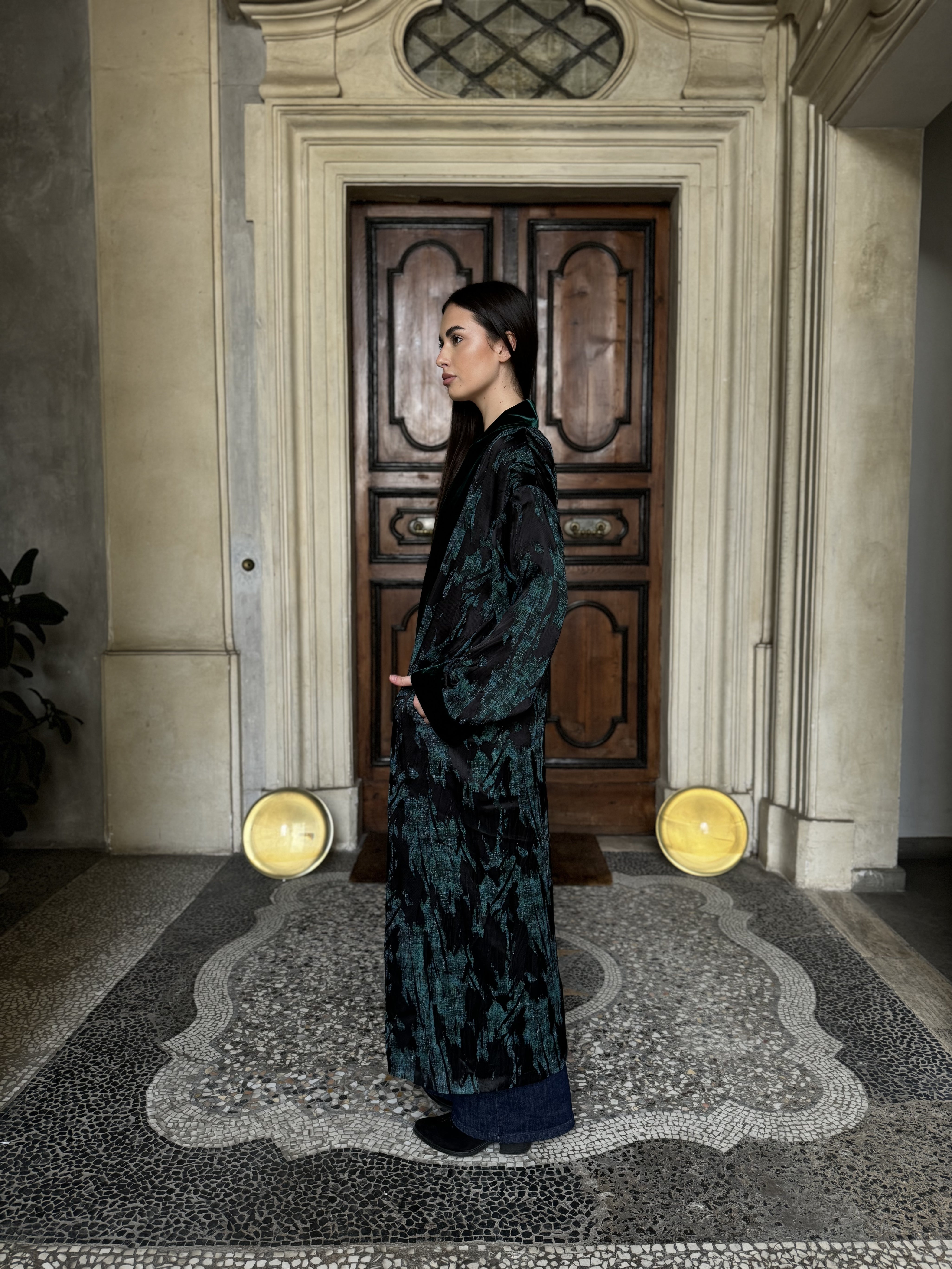 WU-SIDE - kimono jacquard bordi velluto - NERO