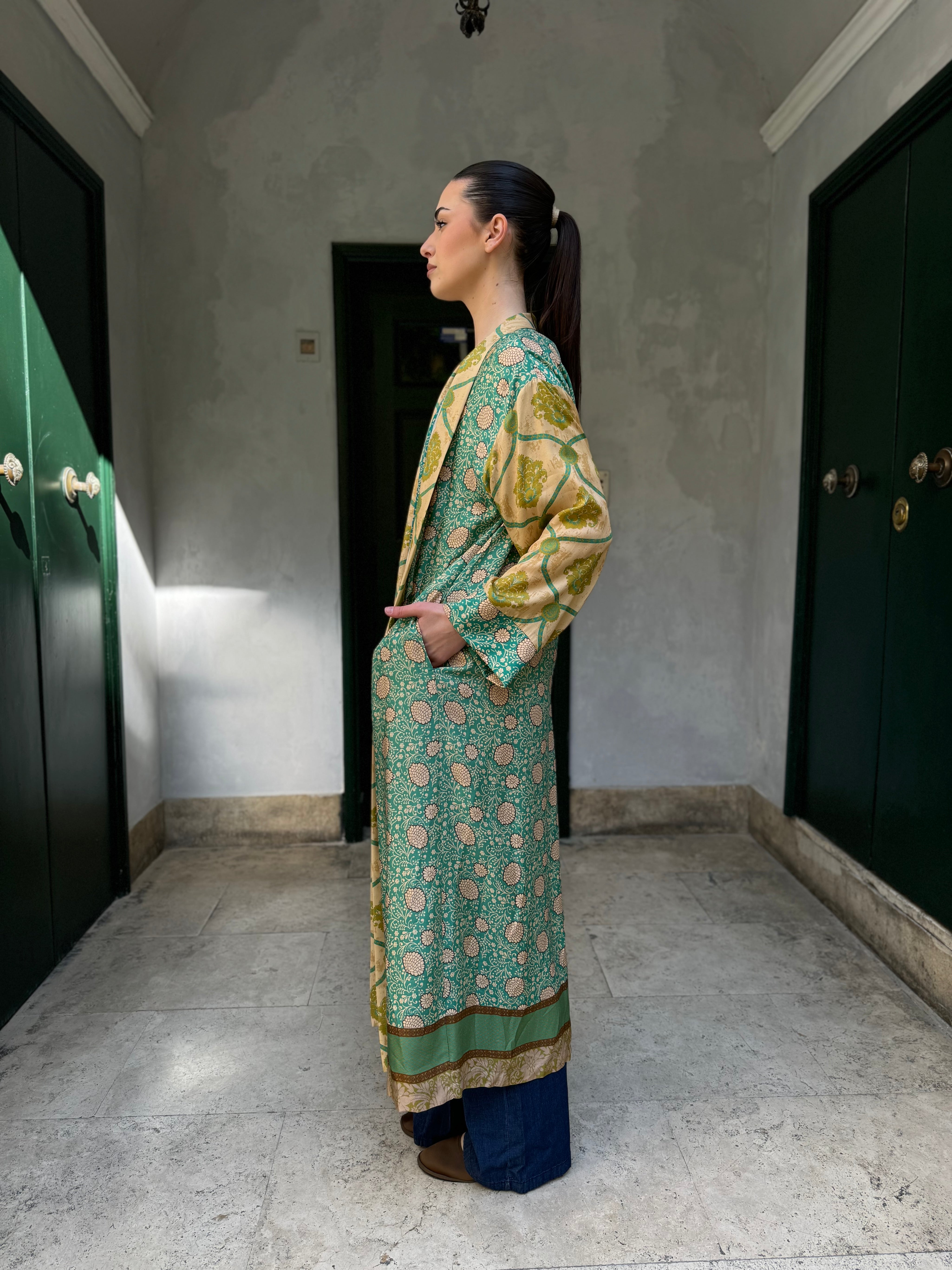 WU-SIDE - kimono extra lungo viscosa - VERDE OLIO