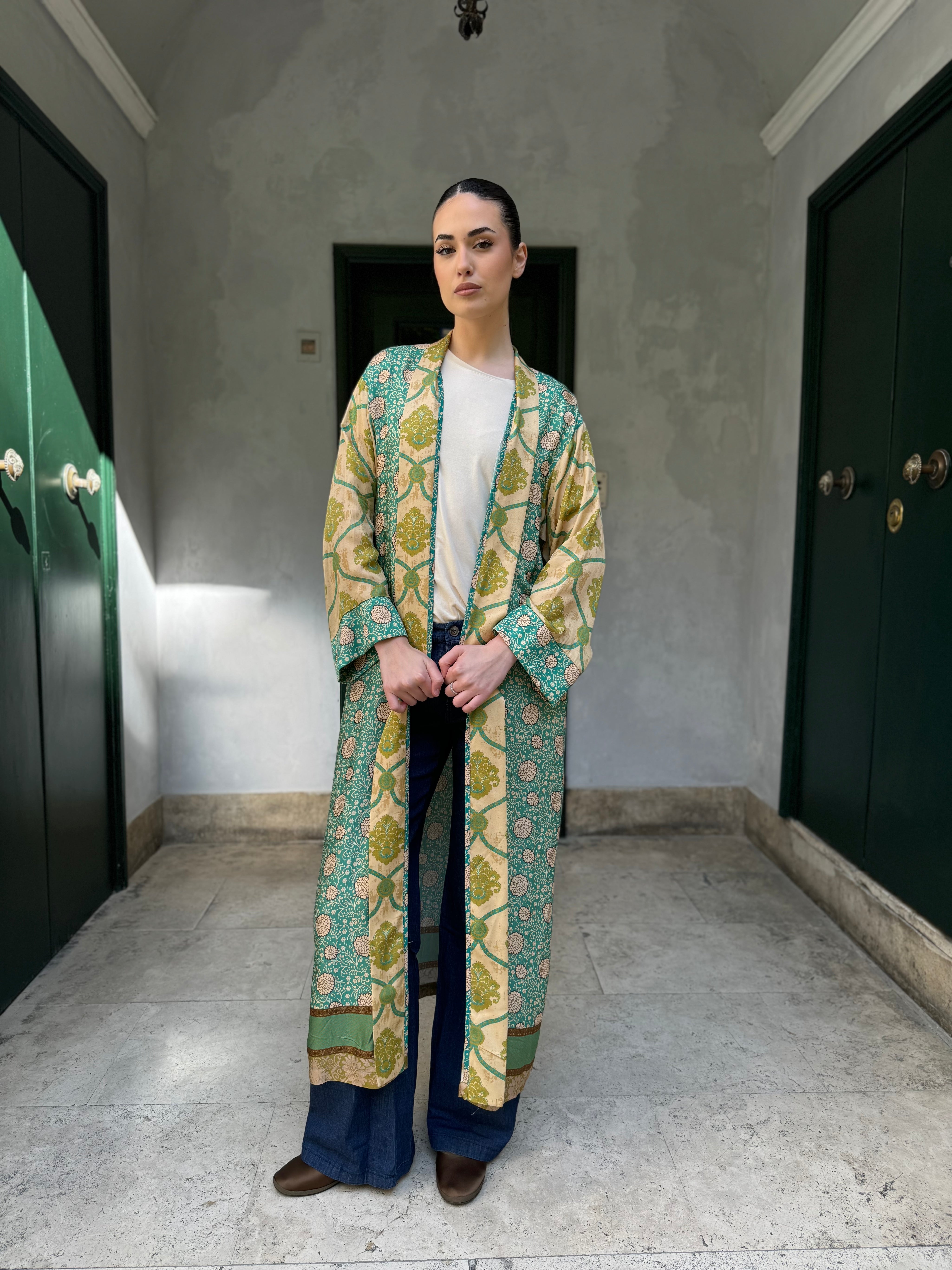 WU-SIDE - kimono extra lungo viscosa - VERDE OLIO