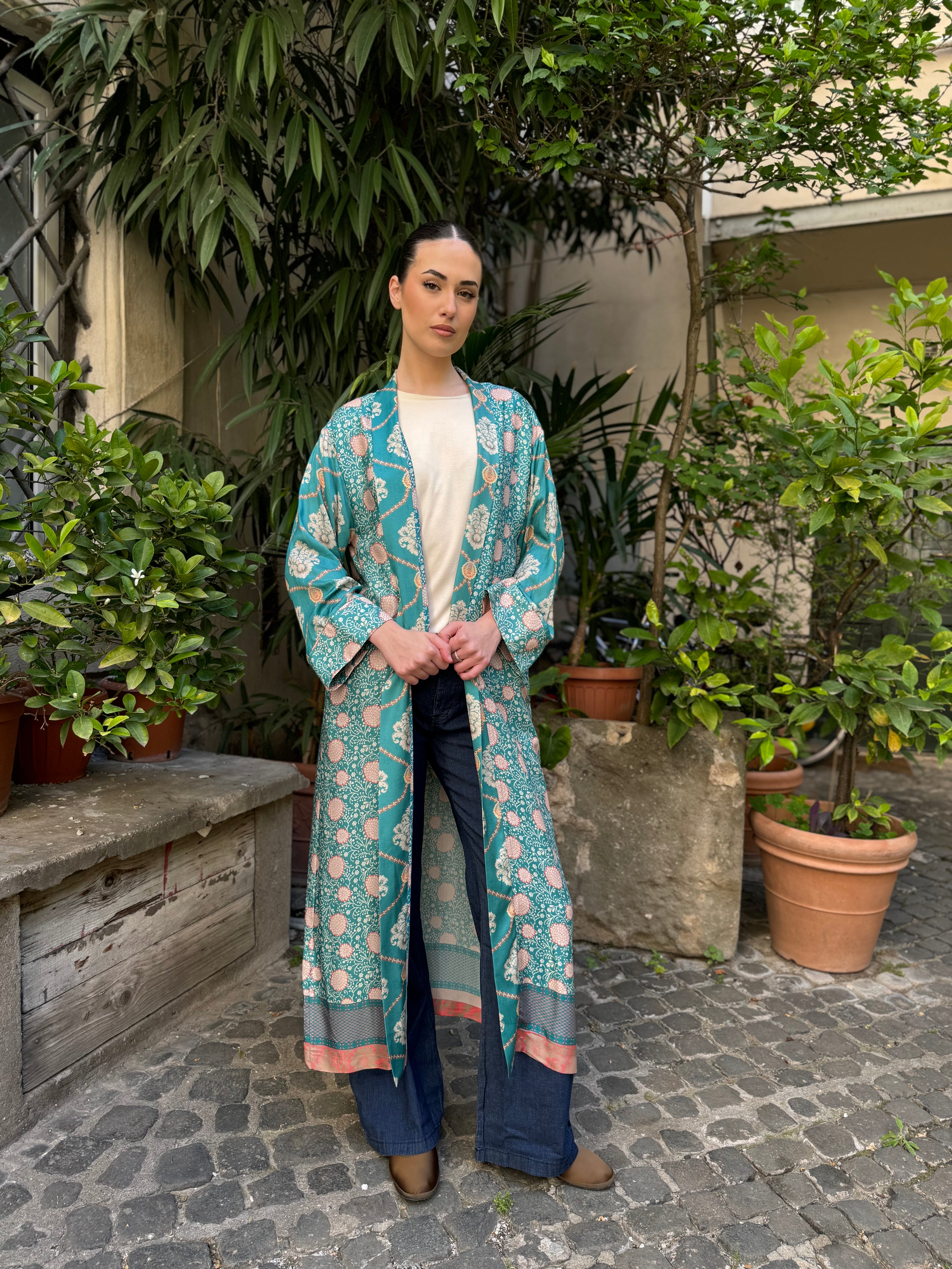 WU-SIDE - kimono extra lungo viscosa - AZZURRO ROSA