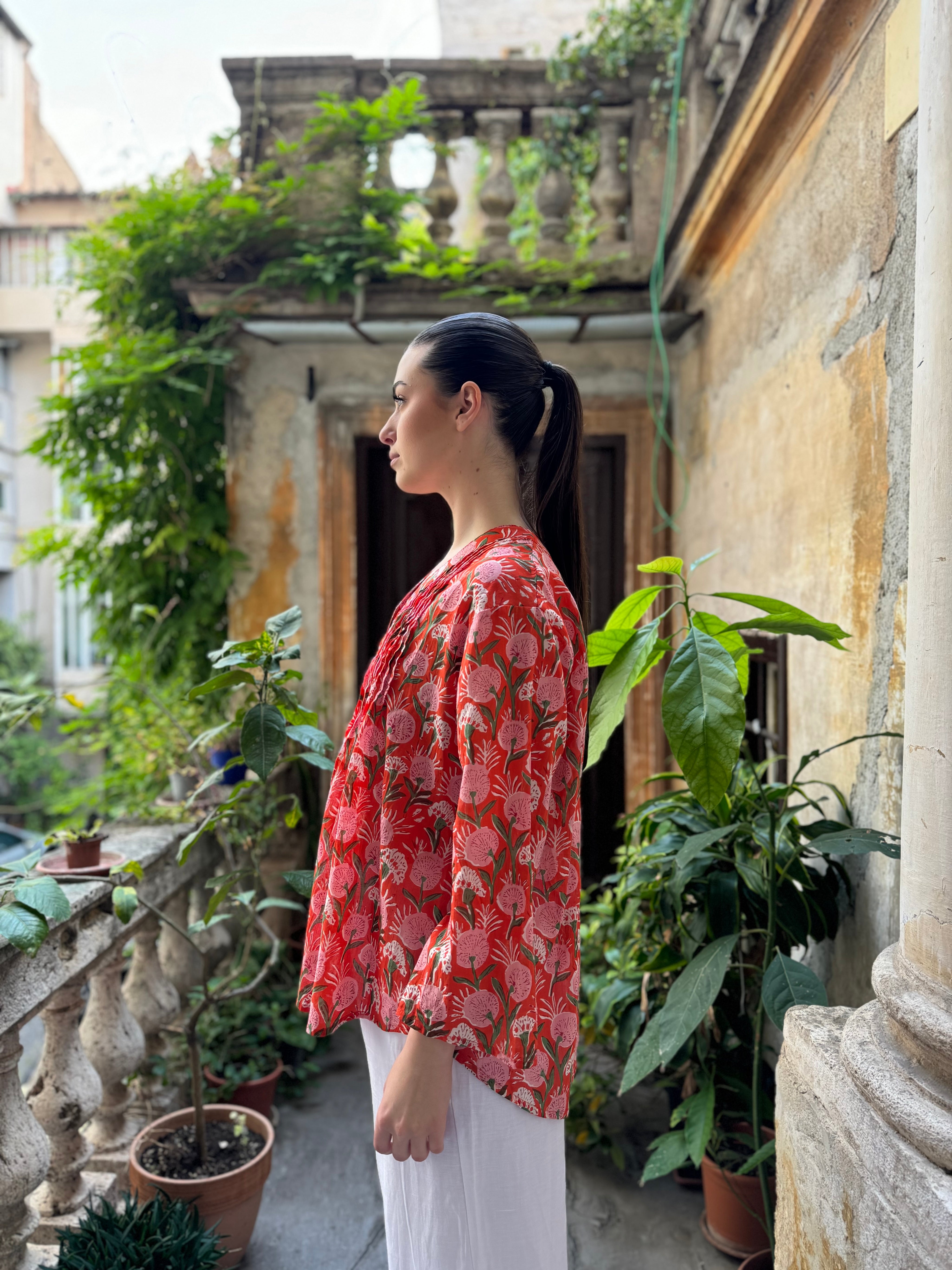 ARTEFILIA - blusa mussola di cotone eva - ARANCIO FLOWERS