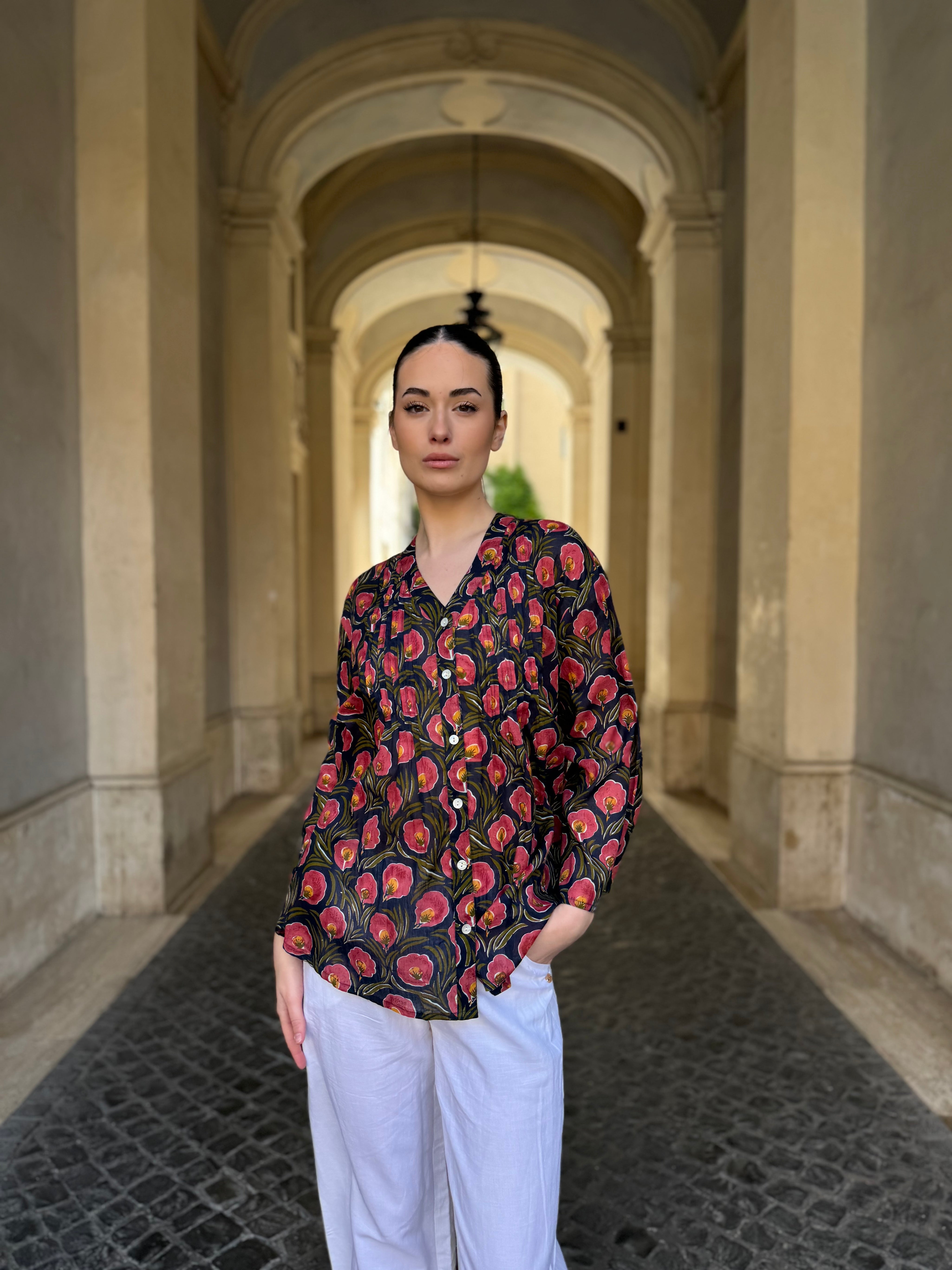 ARTEFILIA - blusa mussola di cotone eva - BLUE FLOWERS