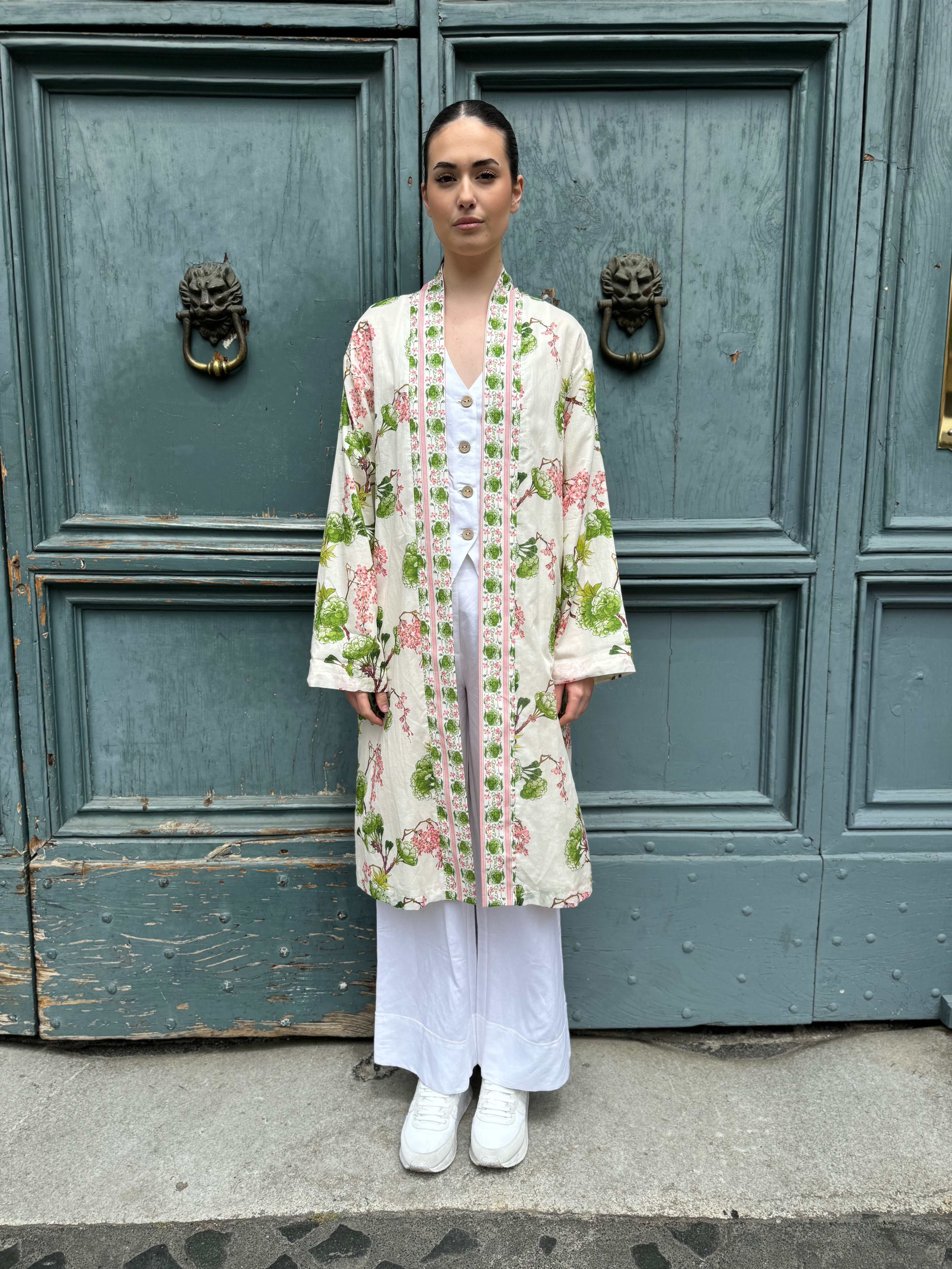 WU-SIDE - kimono fantasia mussola cotone - BURRO VERDE